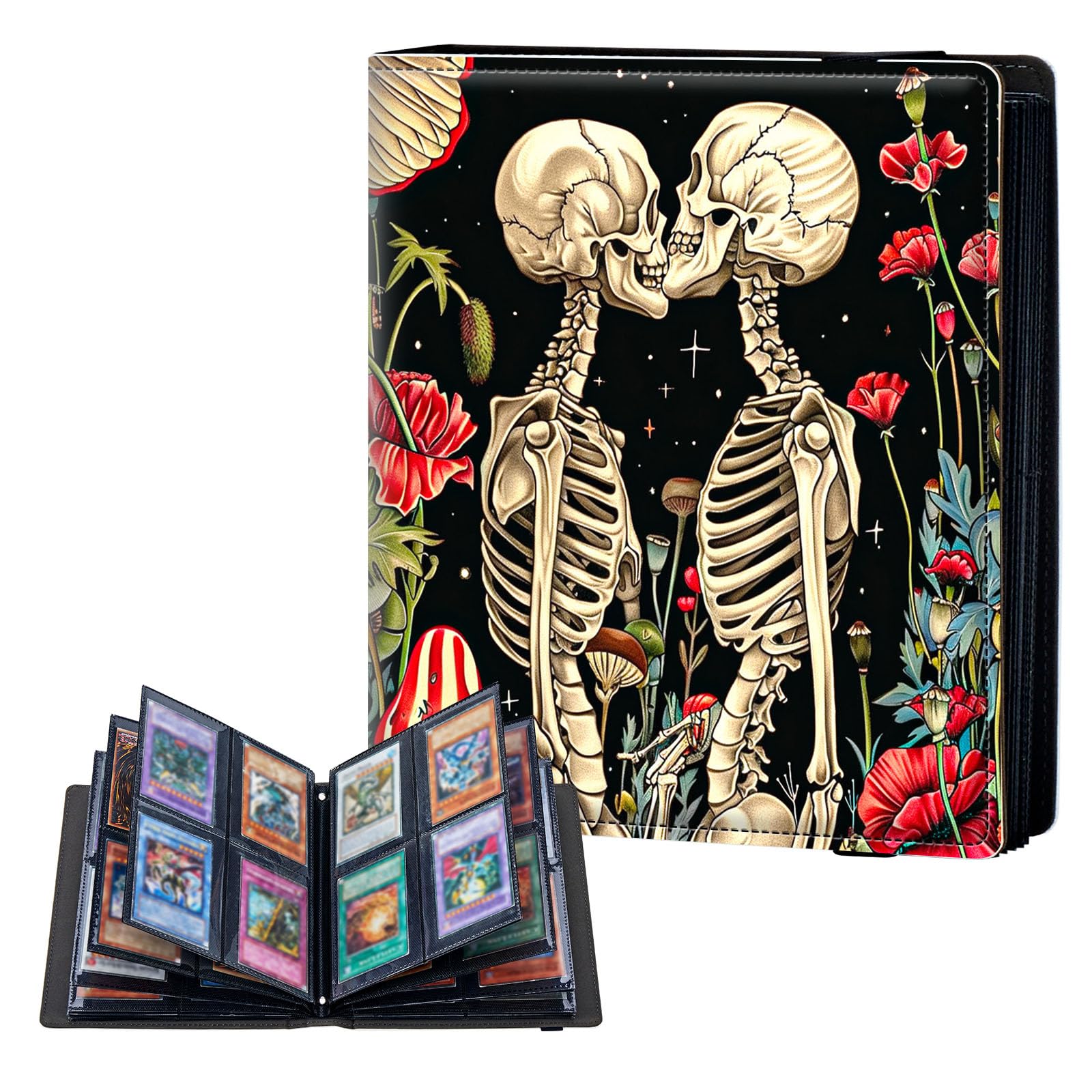 ETLKJVBL 4 Pocket Trading Card Binder, Card Collection Binder for TCG, MTG, Sports Cards, Baseball, Flower Skull Couple Trading Card Book Holder for Collectors, Top Loader Binder