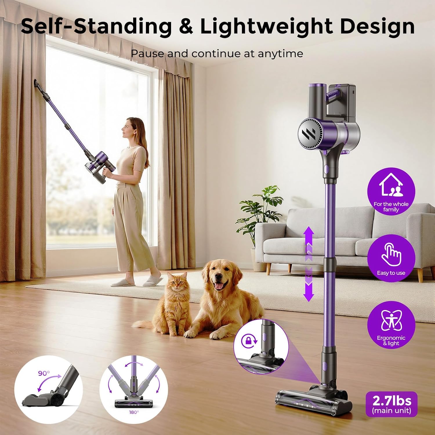 WLOTPO Vacuum Cleaners for Home,Cordless Vacuum Cleaner,Lightweight Stick Vacuum Cordless Rechargeable,Self-Standing Design,LED Touch Screen,Vacuum for Hardwood Floors,Carpet,Pet Hair(Deep Purple)