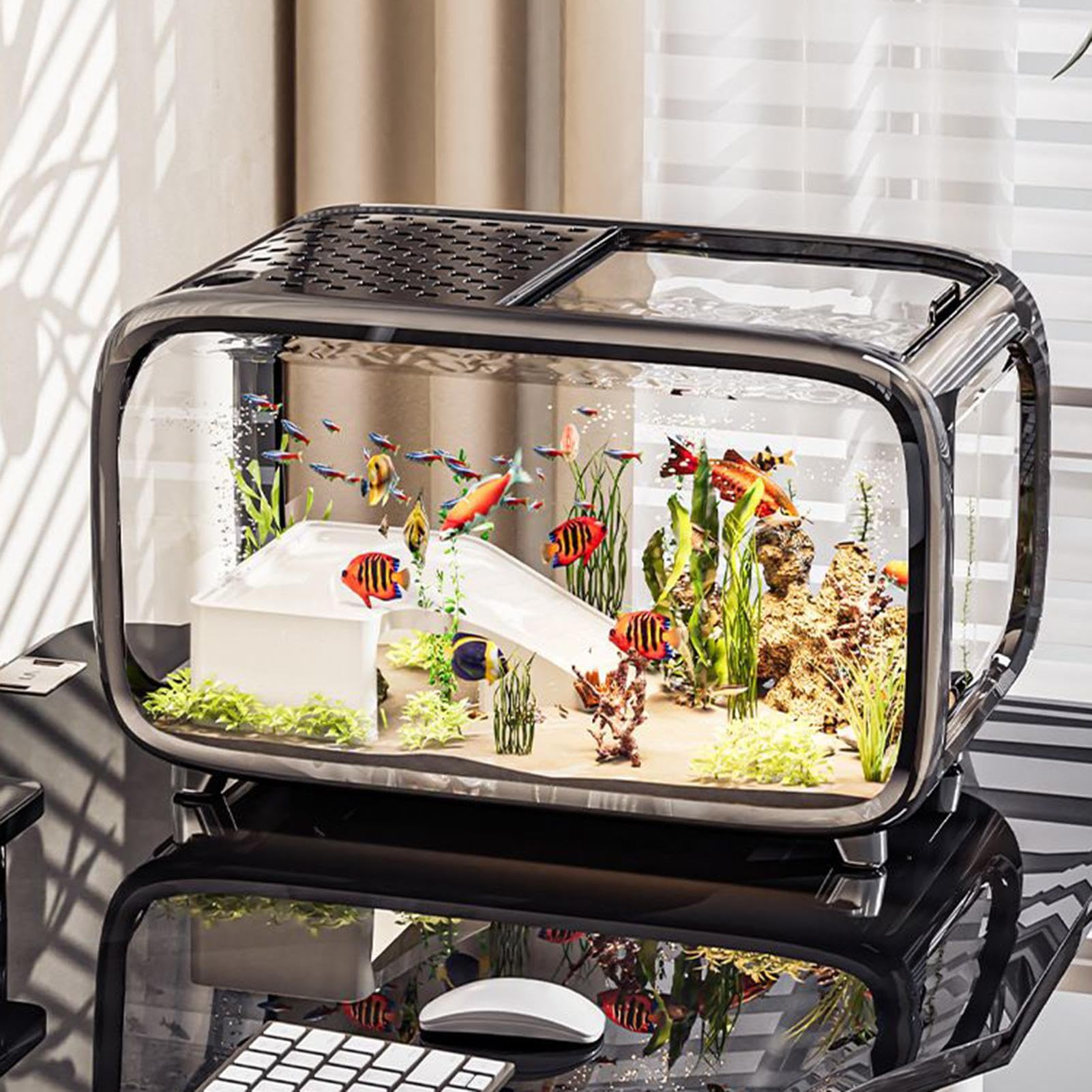 Acuario Pequeño Acuario Pequeño Para Peces Betta Con Decoración Escalable | Decoración de Hábitat con Orificio para Alimentación de Animales Acuáticos, Plantas y Betta
