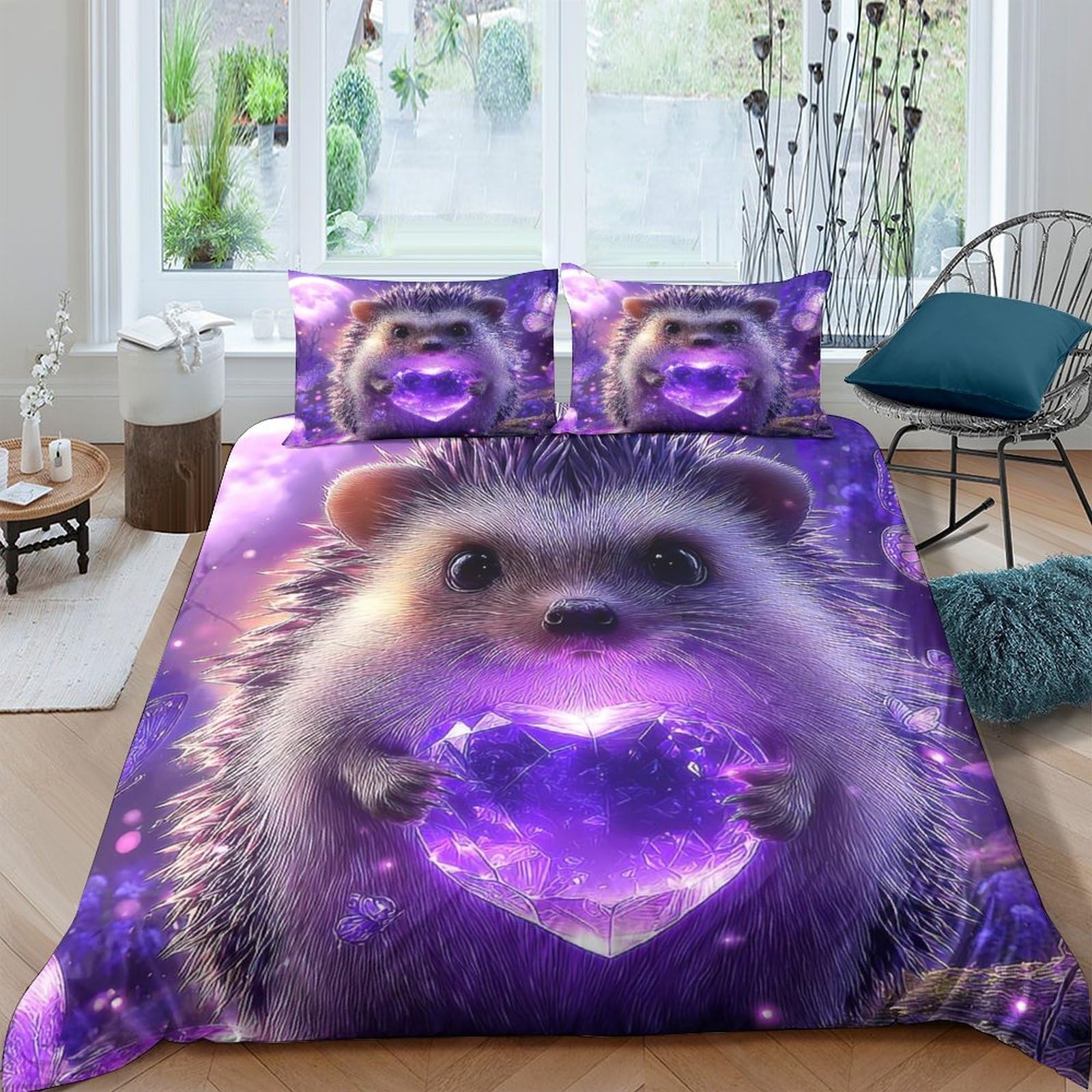 Ctjqhvkz Style-1 3D Printed Purple Hedgehog Fitted Sheet Microfiber Soft Breathable Fantasy Heart Mattress Cover For Bedroom Decor Single（135X200cm）