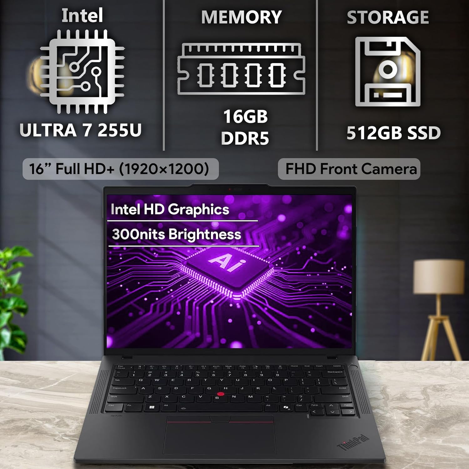 Lenovo ThinkPad T14 Gen 6, 14" FHD+ Display, Intel Ultra 7 225U, 16GB DDR5 RAM, 512GB SSD PCIe, Fingerprint, Backlit Keyboard, WiFi 6E, RJ-45, FHD Webcam, Win 11 Pro, AI Business Laptop - Black