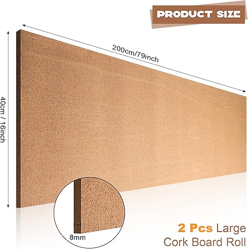 Miniatura 2 de Chunful 2 tableros de corcho grandes de 0.315 in de grosor de 79 x 16 pulgadas, autoadhesivos, con 100 pasadores de presión, sin marco, para pared,
