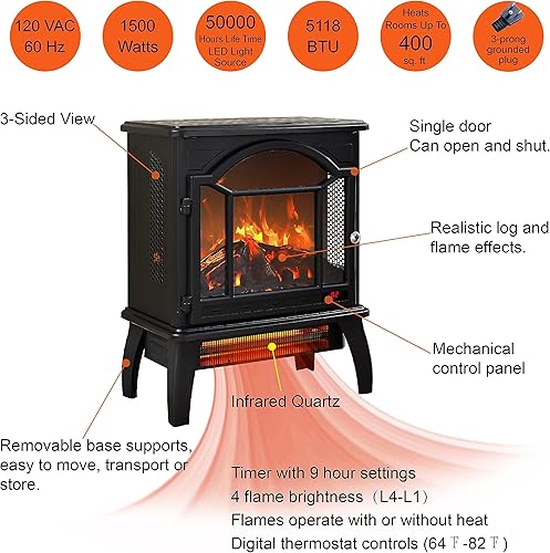 Miniatura 2 de Calentador eléctrico de chimenea de 18 pulgadas con control remoto, estilo catedral, diferentes efectos de llama y colores de juego de troncos, 4