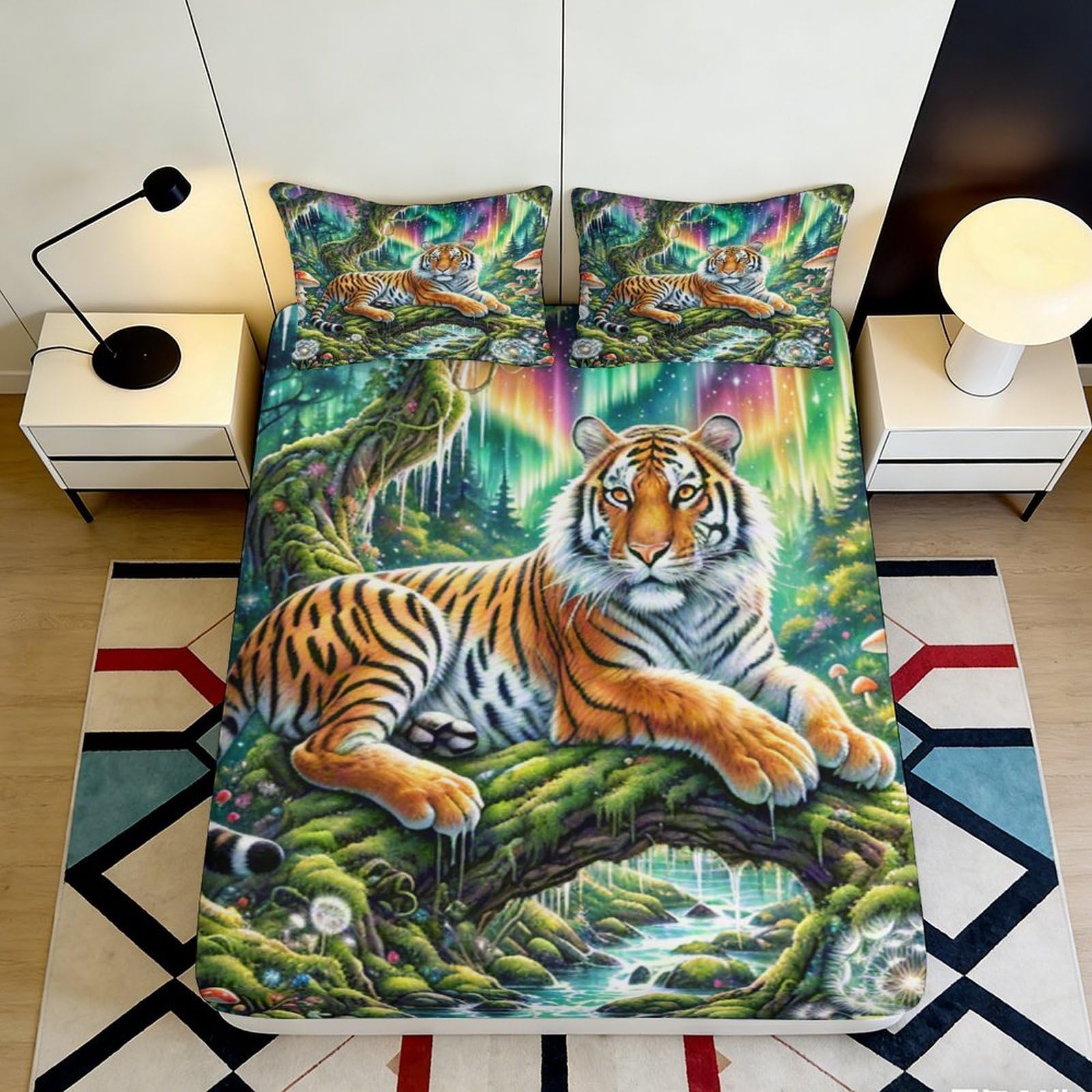 3D Printed Jungle Tiger Fitted Sheet Microfiber Deep Pocket Non-Slip Bedding Set Jungle Tiger Mattress Fitted Cover Washable for Home 200x200x25cm 90x200x25cm