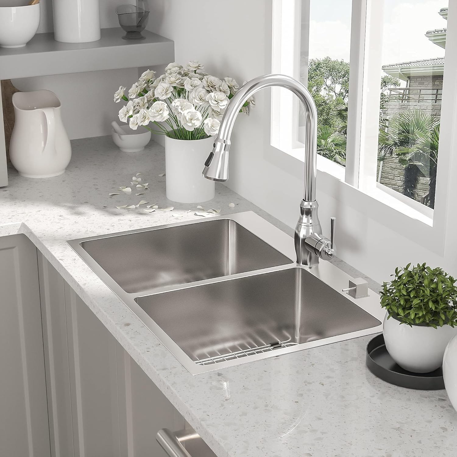 33 Inch Drop In Kitchen Sink Double Bowl Top Mount Sinks 33x22x10 Inch Stanless Steel Double Sinks 16 Gauge 50/50 Kitchen Sink Basin