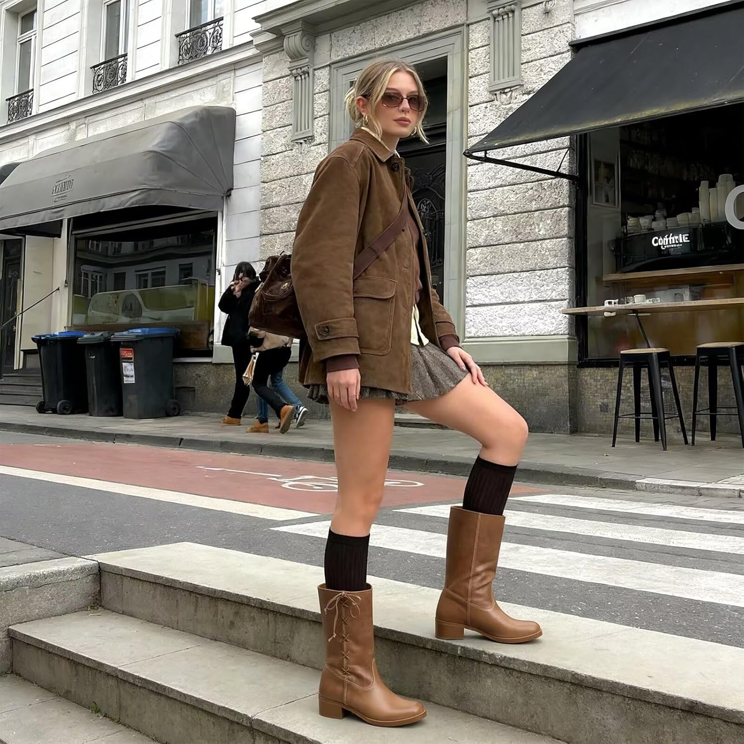 Agodor Vintage Campus Mid Calf Boots for Women,Side-Lace Banane Riding Boots with Bow Round Toe Chunky Block Low Heel Pull On Fall Winter Boot