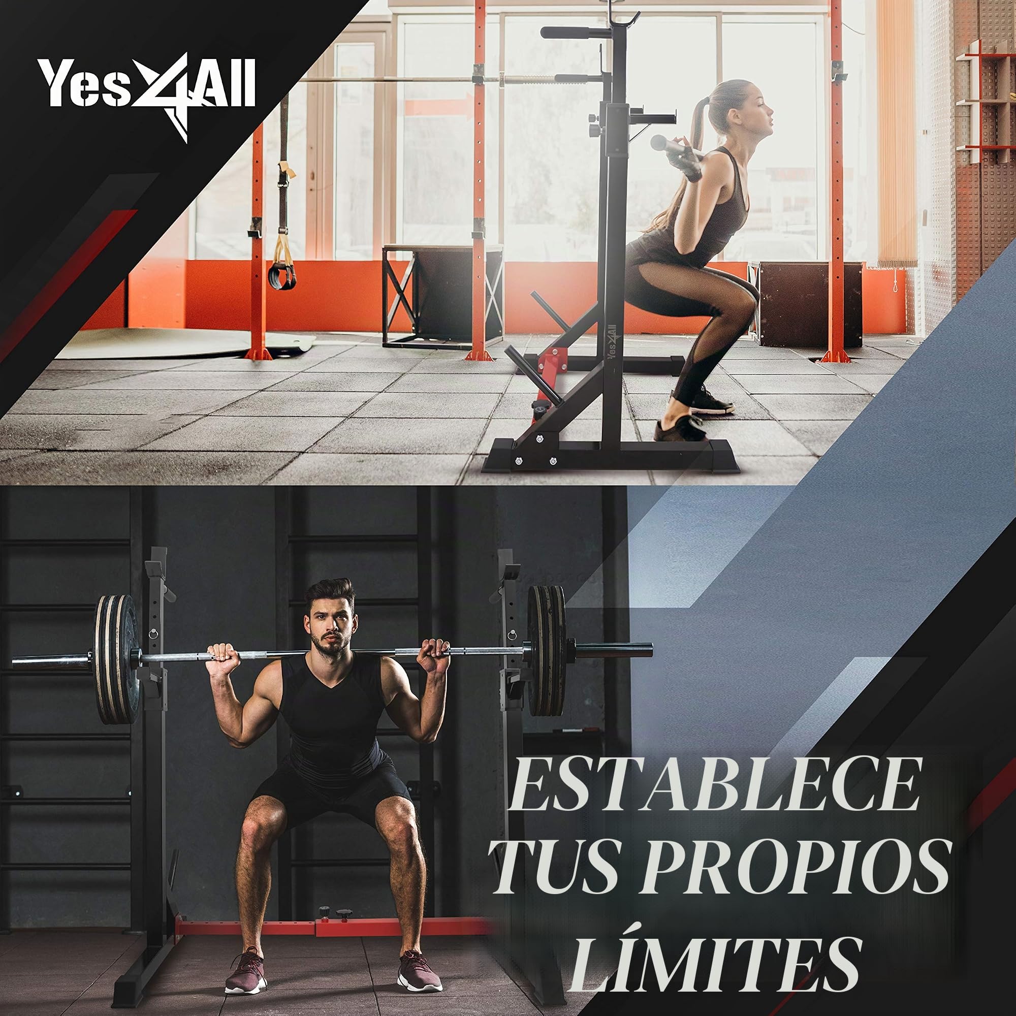 Yes4All Premium Soporte para Pesas Sentadillas con barra Altura ajustable y Capacidad máxima 250 KG