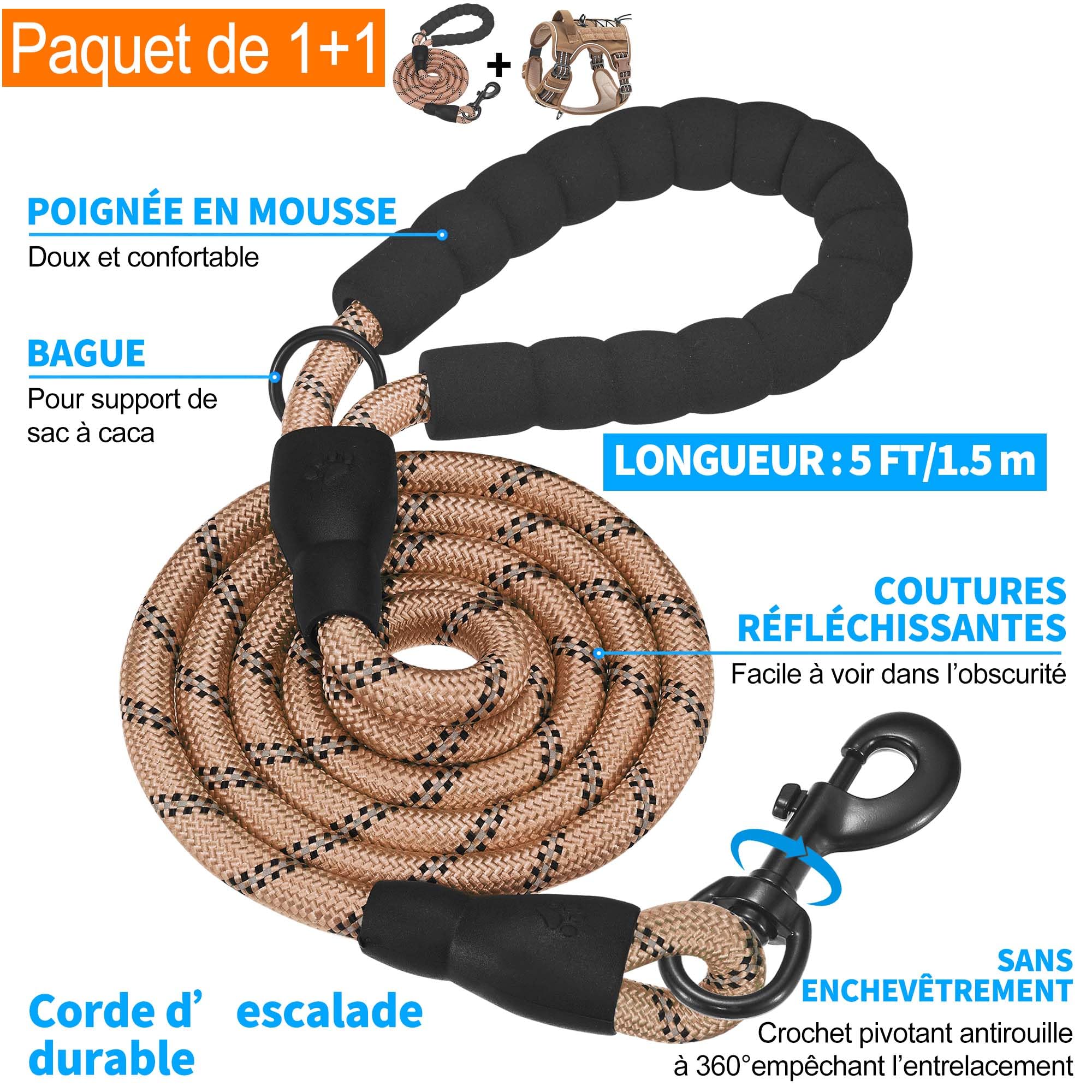 Haapaw Harnais tactique robuste pour chiens de grande taille, anti-traction, réglable, réfléchissant, contrôle facile, harnais militaire pour chien de travail, taille XL, marron