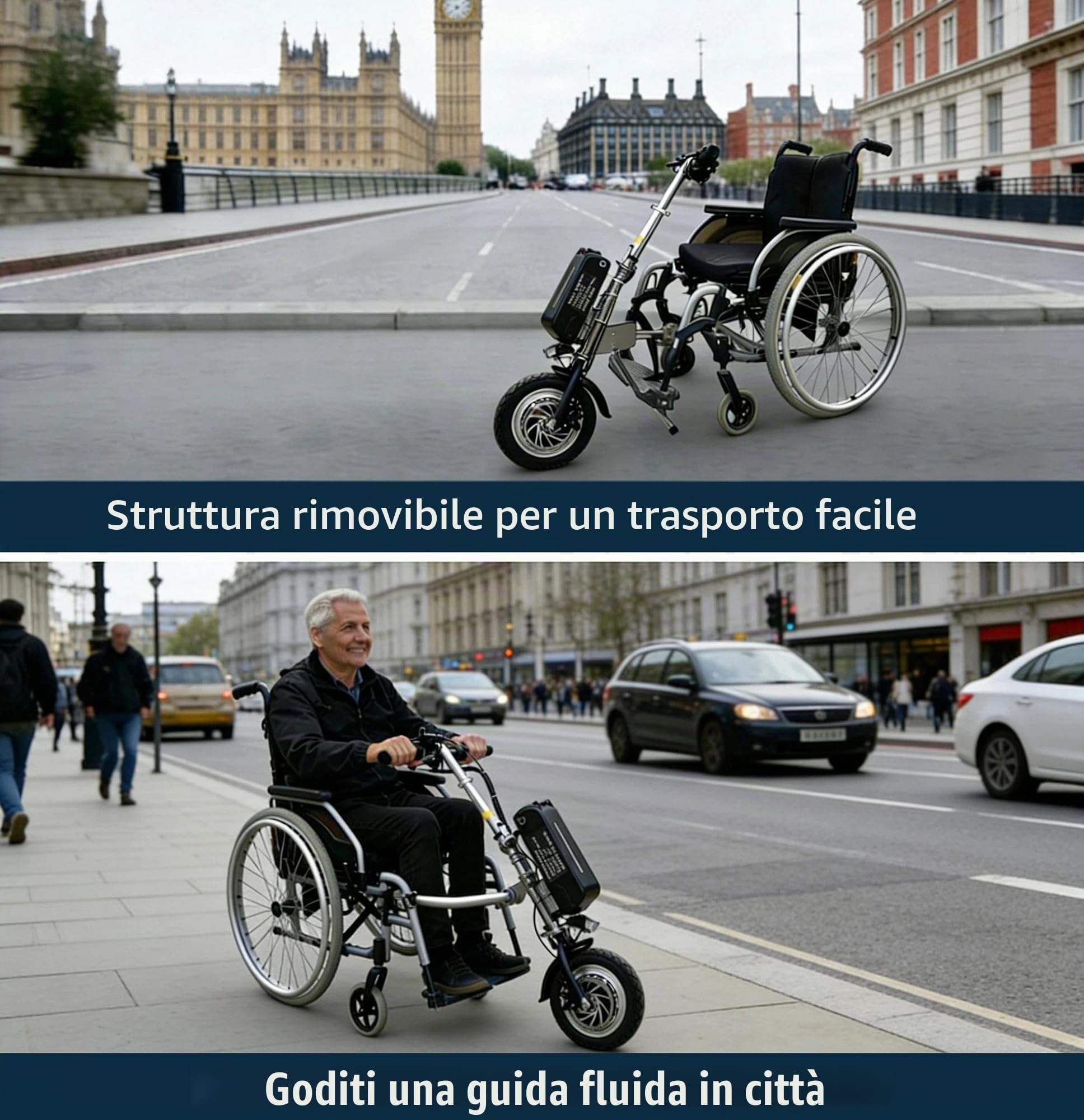 Propulsore Elettronico per Carrozzina 500W, Handbike per Sedia a Rotelle Manuale, Autonomia 70km con Batteria 17Ah, Attacco Rapido Professionale(B)