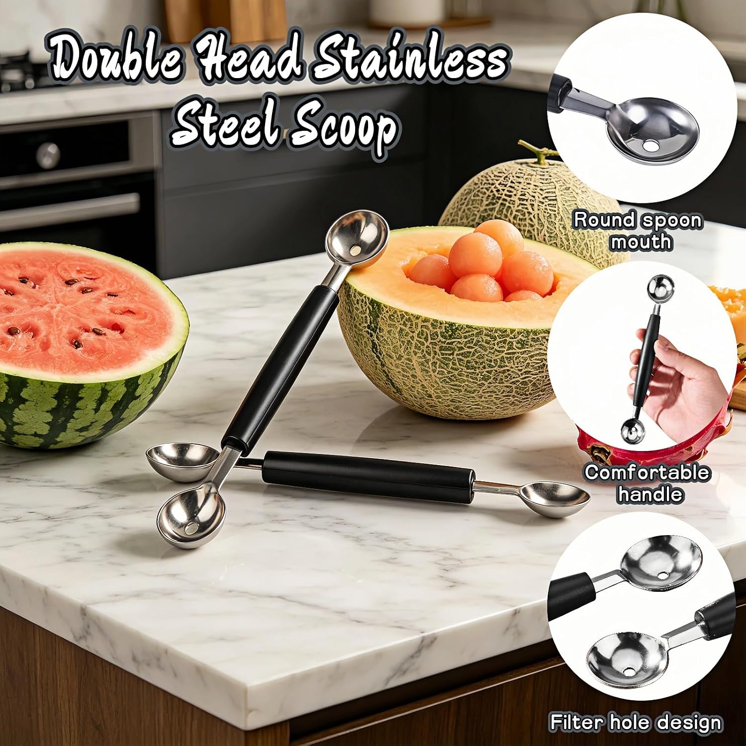 Stainless Steel Melon Baller 2 Pack, Dual Head Scoop for Ice Cream & Fruit