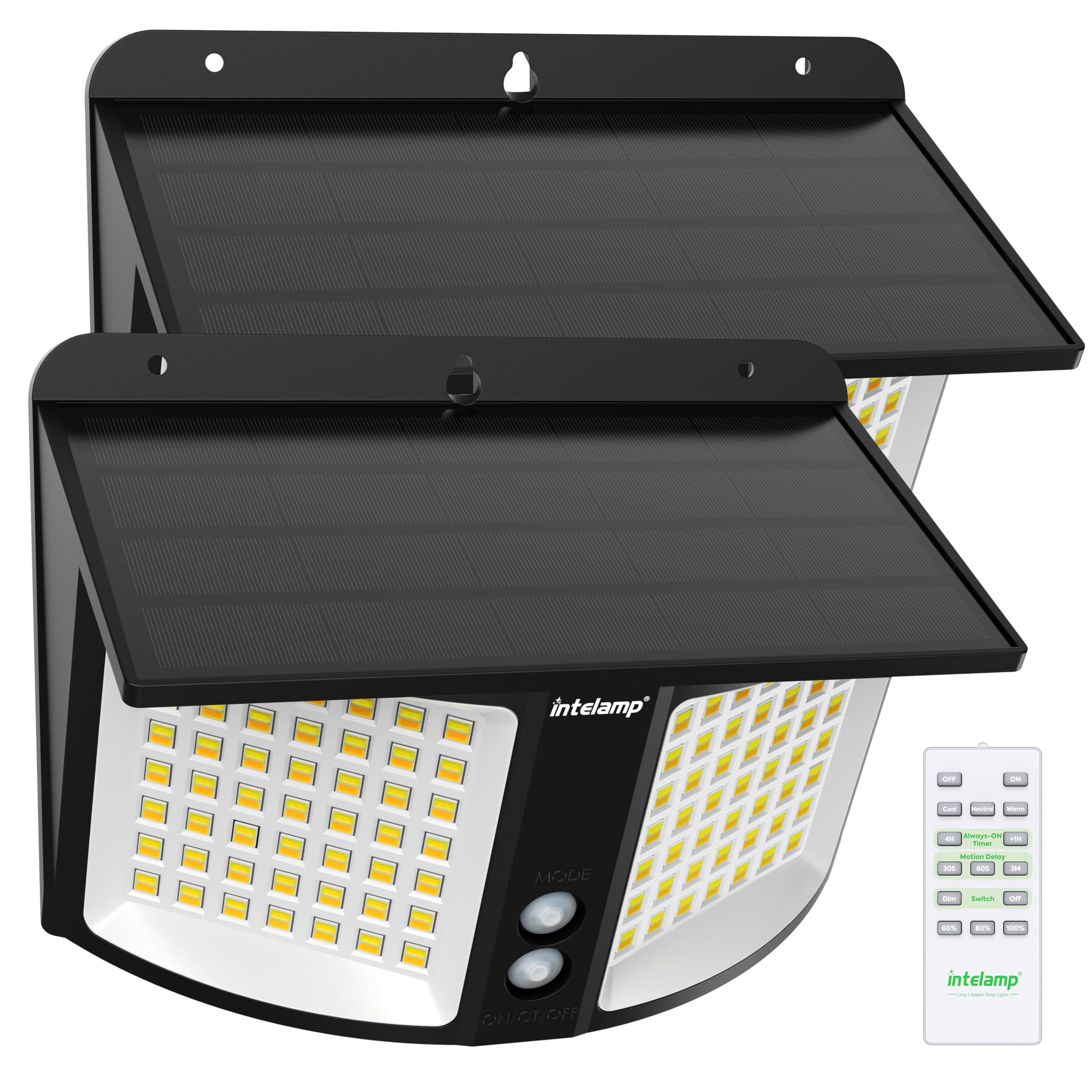 INTELAMP Solar Wandleuchte Außen mit Bewegungsmelder, 2 Stück | Fernbedienung，3 Farbtemperaturen, 196 LEDs, 4000mAh Akku, 1200lm, Solarleuchte mit Bewegungsmelder für Zaun, Garten