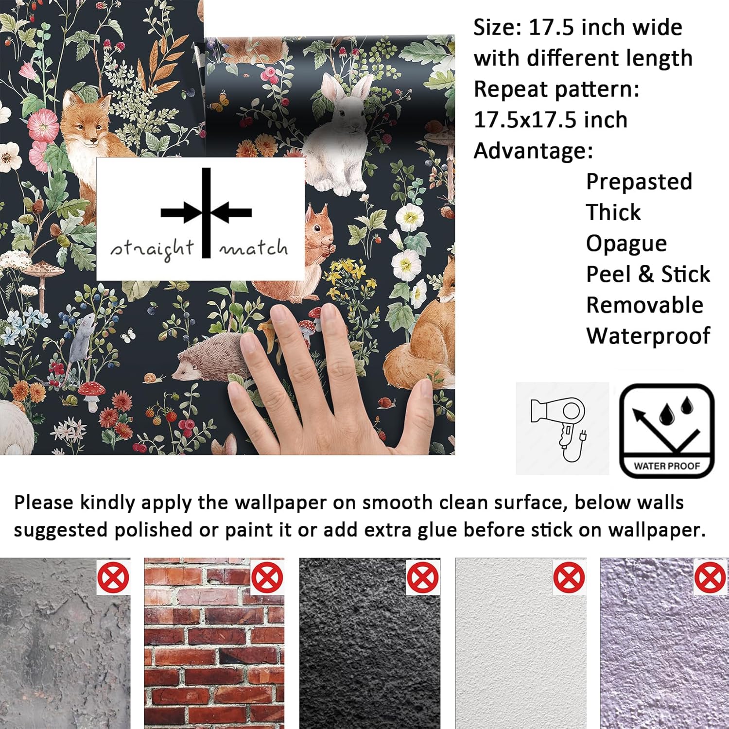 Livelynine 17.5x276 Peel and Stick Wallpaper Forest Animals Black Floral Contact Paper Waterproof Removable Woodland Creatures Orange Fox Dark Whimsical Woodland Wall Paper for Nursery Kids Bedroom