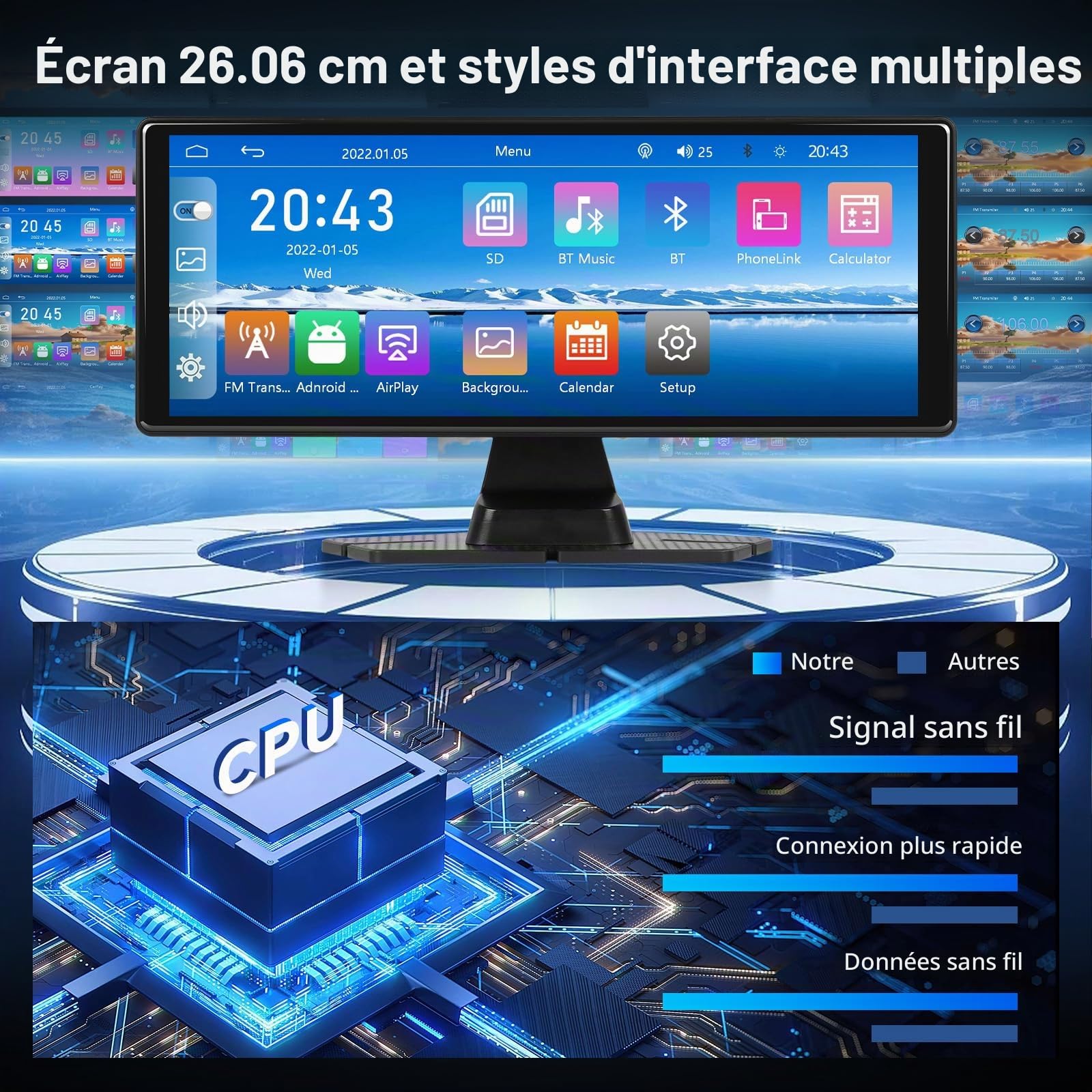 Hodozzy Autoradio Portable Dashcam Voiture sans Fil Carplay Android Auto, écran Tactile IPS 10,26 Pouces Display Carplay Moniteur Enregistrement, Bluetooth, Mirrorlink, émetteur FM Radio AUX+64GB TF