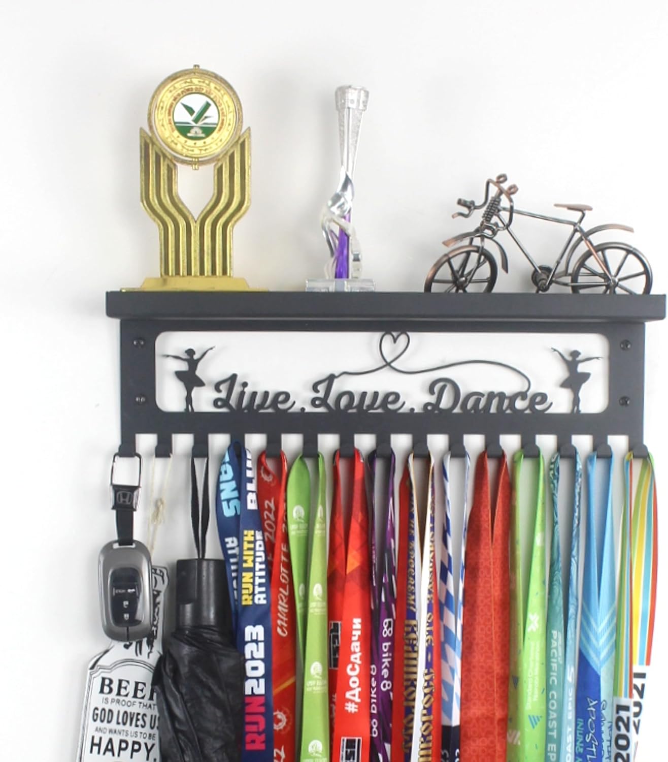 16" Premium Metal Wall Mount Dance Design Medal Hanger and Ribbon Display Holder Rack with 3" Trophy Shelf and Easy Hanging Hooks, Great Gift for Kids & Adults (Black)