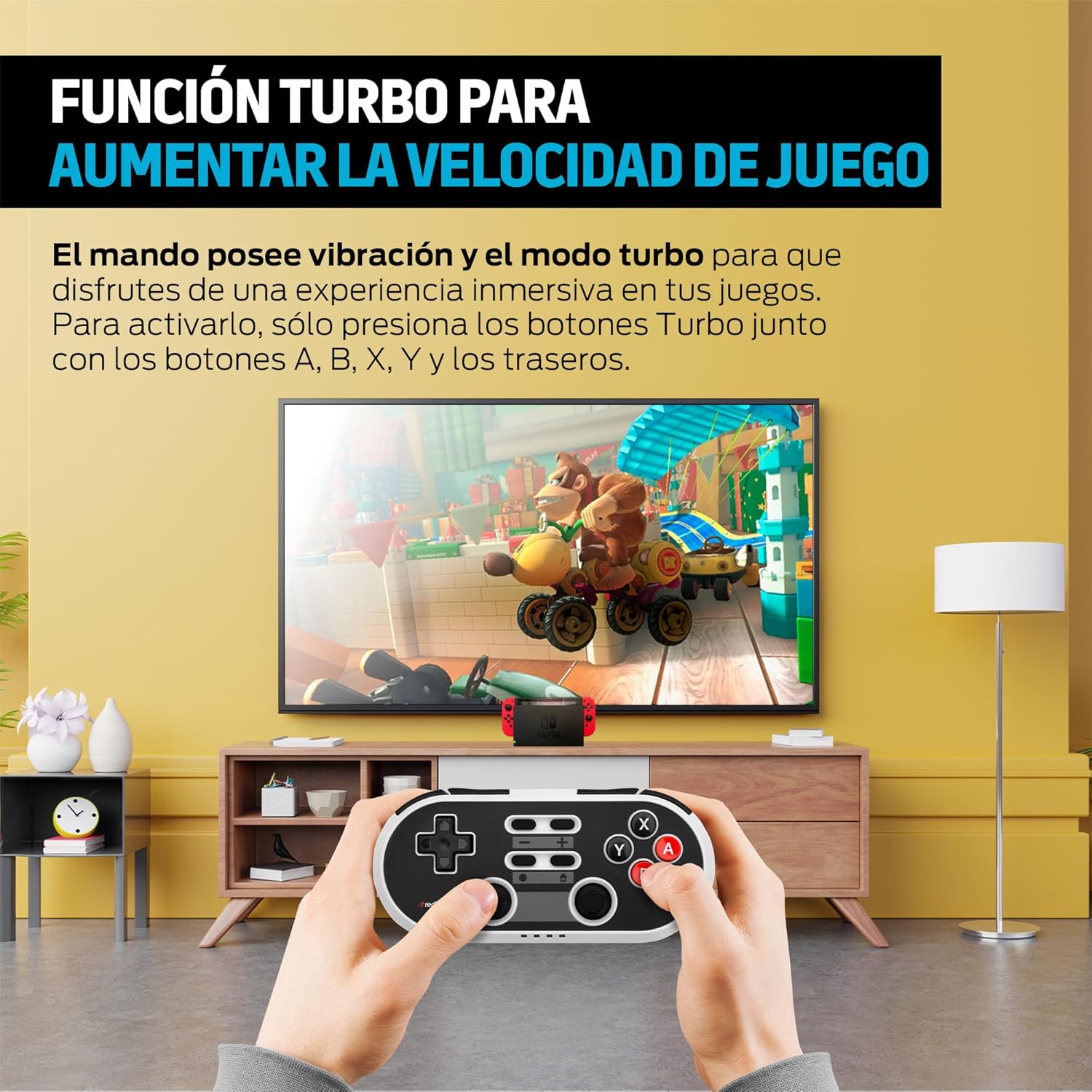 User playing a game with the Redlemon Retro Wireless Controller, demonstrating the Turbo function.