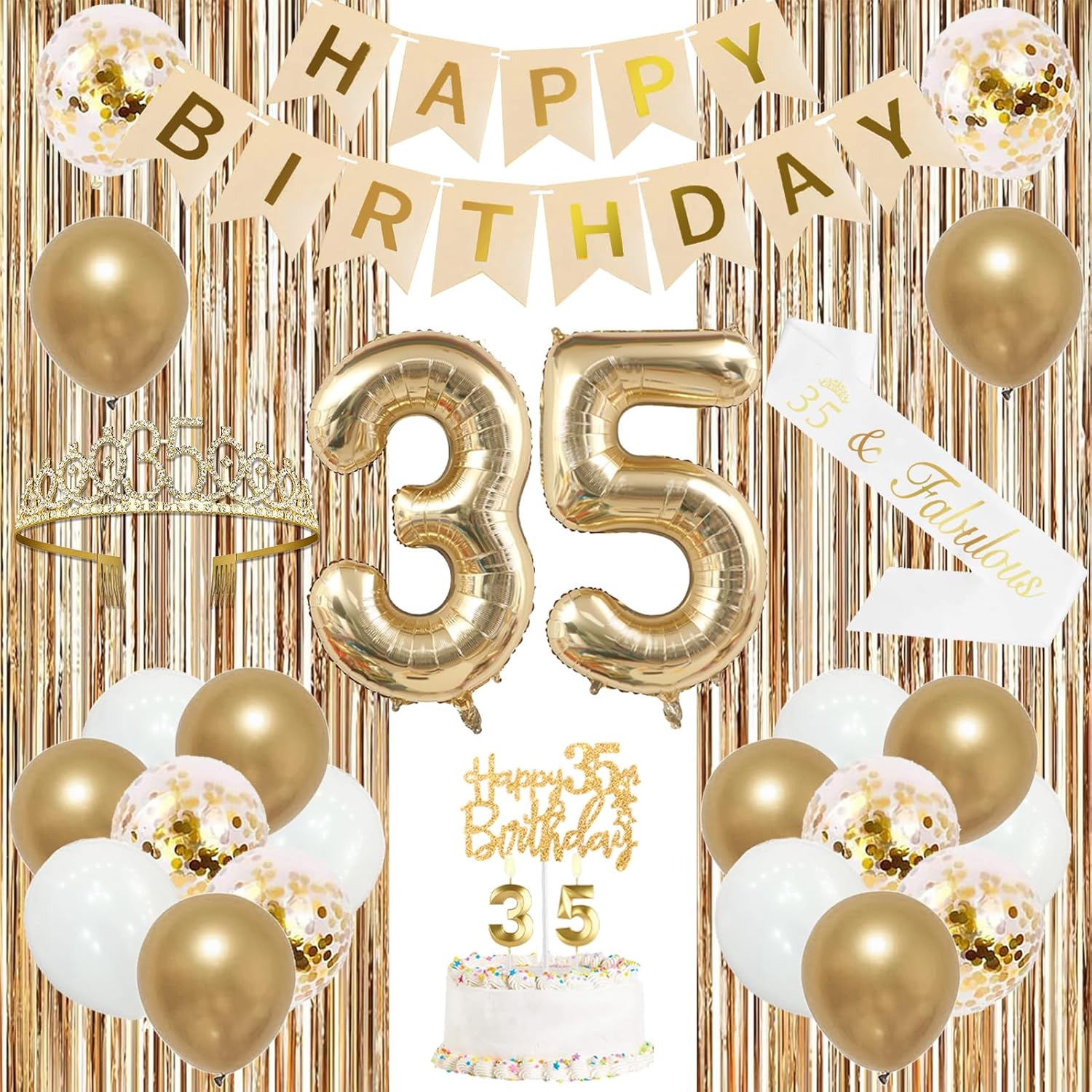Trgowaul 35th Birthday Decorations for Women, Banner, Sash and Crown, Cake Topper, 35 Number Balloon, Fringe Curtains, Champagne Gold 35th Birthday Party Supplies - Image 2