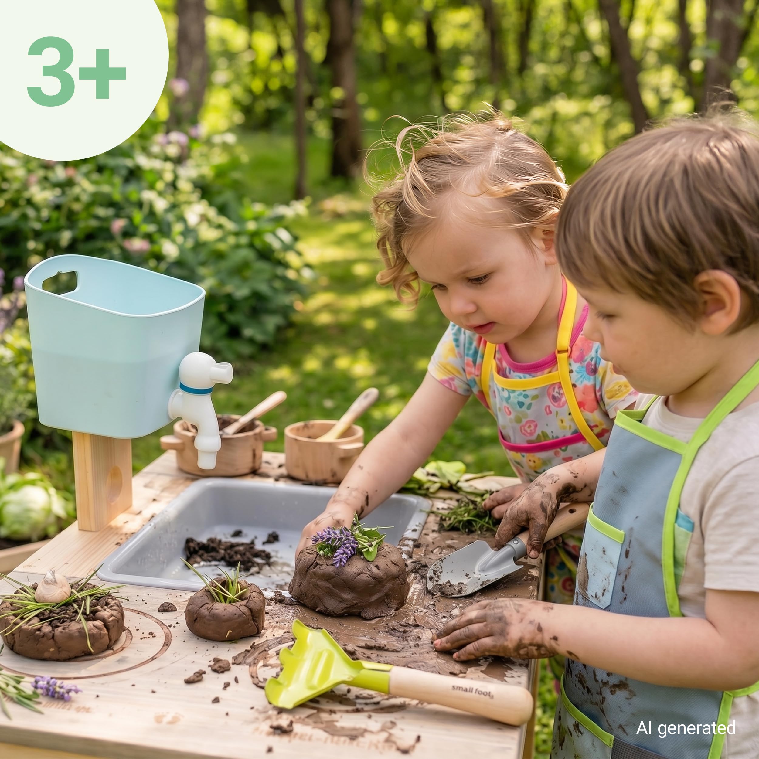 small foot Juego de cocina de barro para niños con juego de agua y juego de jardín, color verde | Cocina de juguete para exteriores con dispensador de agua, herramientas de jardín, placa de cocina y delantal