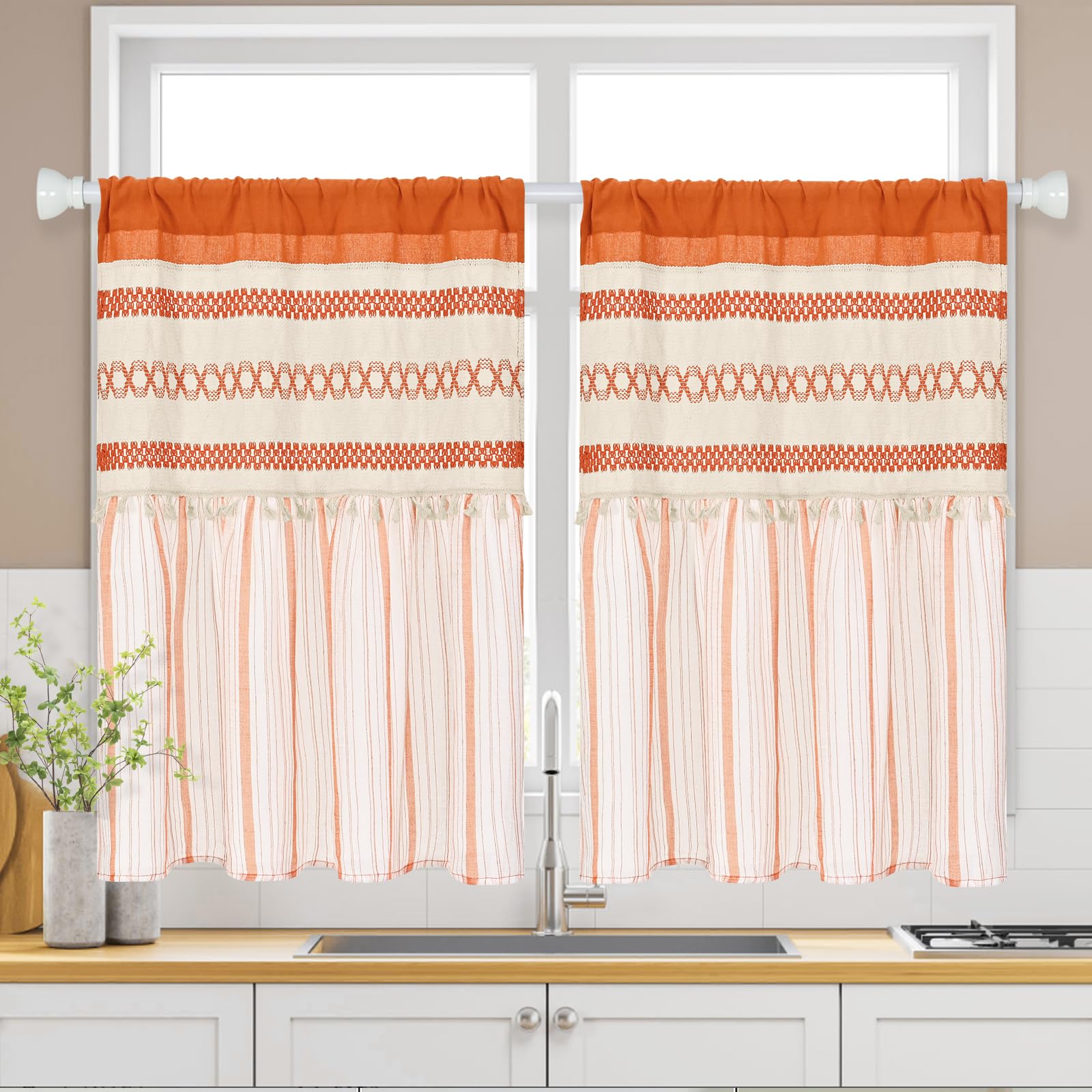 Photo 1 of FRAMICS Farmhouse Linen Kitchen Curtains 36 Inch Length Orange Striped Short Curtain for Windows Boho Crochet Small Window Curtains for Kitchen Rod Pocket Tier Curtain for Bathroom, Cafe, 2 Panels