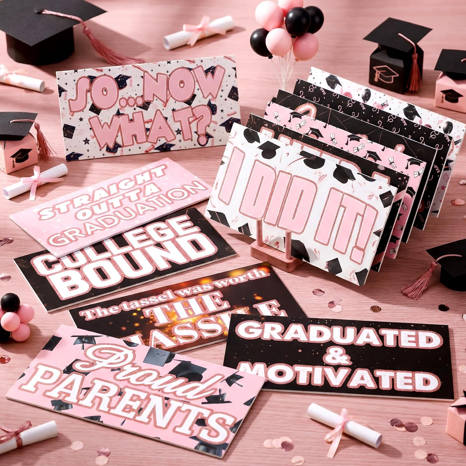 Beeveer 24 Designs Pink Graduation Photo Booth Props Double Sided 11x5.51'' Pink and Black Graduation Decoration 2026 Picture Props for Photoshoot Waterproof Selfie Signs PVC for Prom Party Supplies