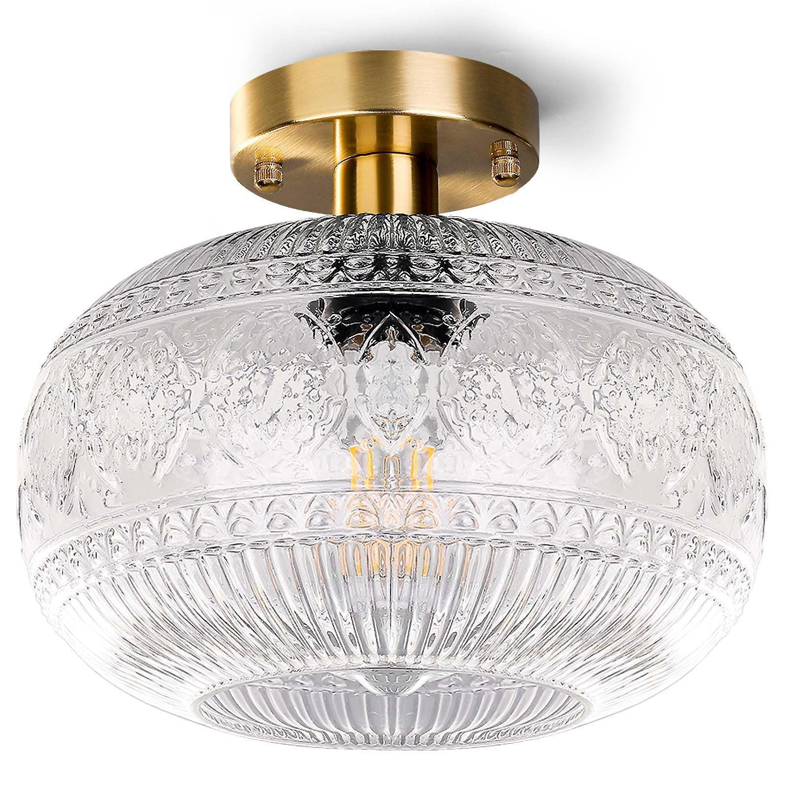 Gold Semi Flush Mount Ceiling Light, Globe Glass Ceiling Light Fixture, Farmhouse Kitchen Light, Hallway Light Fixtures, Modern Ceiling Lights for Porch Entryway Bedroom Bathroom