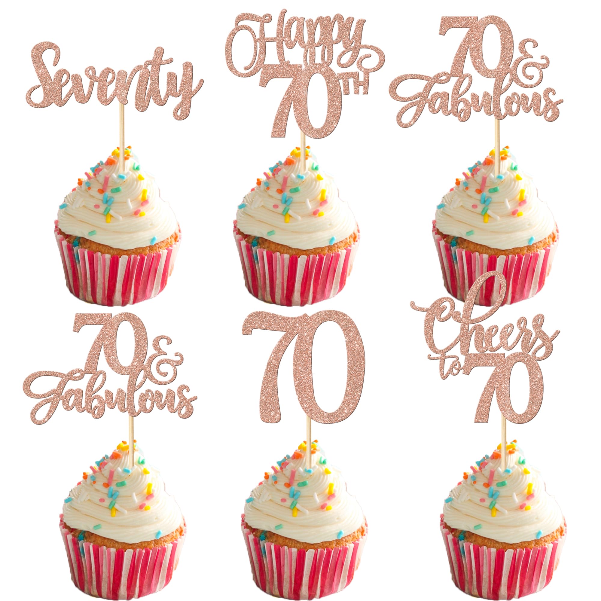 Xsstarmi 30 Pack Happy 70th Birthday Cupcake Toppers Glitter Cheers to 70 Years Seventy 70 Fabulous Cupcake Food Picks for Happy 70th Birthday Wedding Anniversary Party Cake Decorations Rose Gold