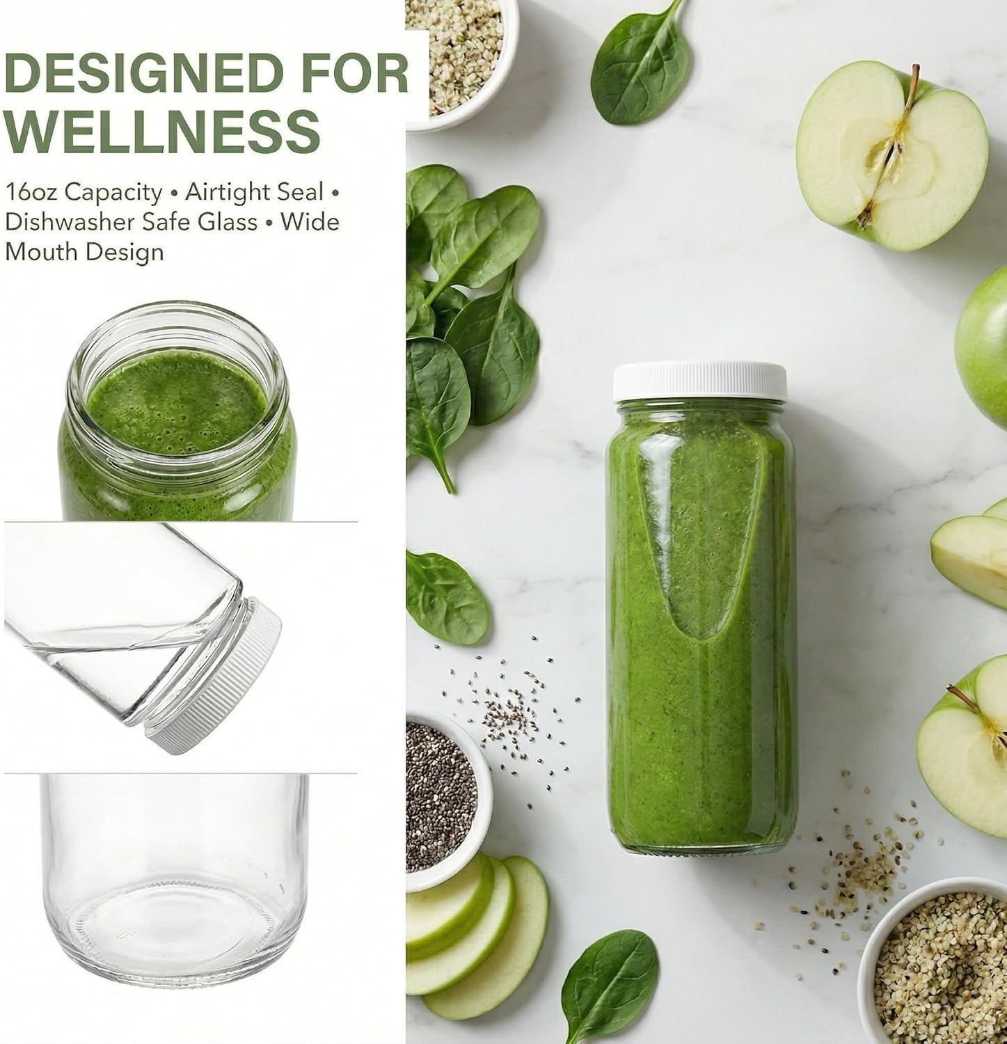 Suwimut 16 Pack Glass Juicing Bottles, 16oz Reusable Glass Drinking Bottle Jar Clear Glass Water Bottle with Plastic Airtight Lids for Juice, Smoothies, Tea, Milk, Kombucha, Beverages