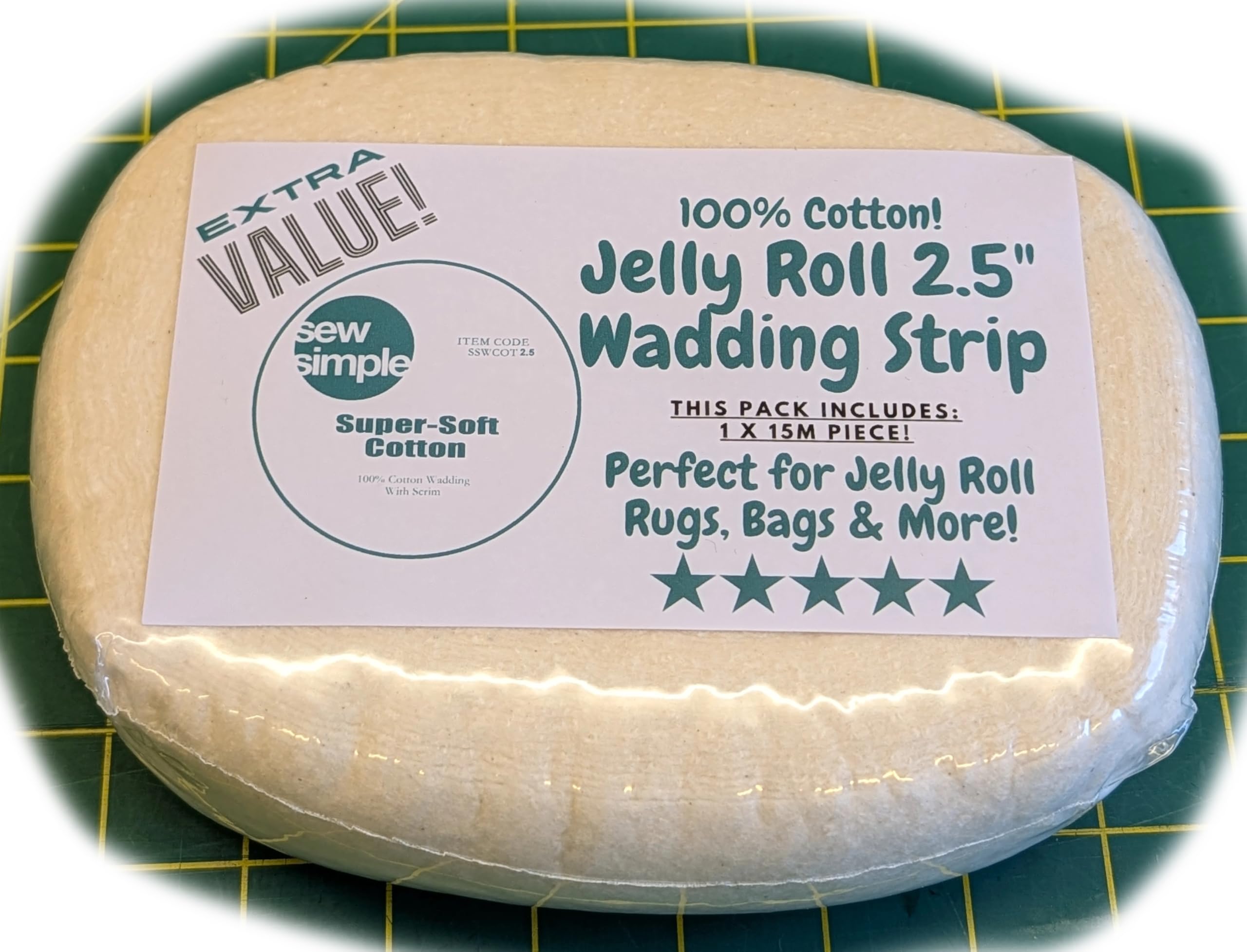 Oh Sew Sweet Jelly Roll Wadding Strip, 2.5" x 15 m, for Rugs and Bags. Perfect for Jelly Roll Rugs, Camden Bag, 20 Strip Tote and More.