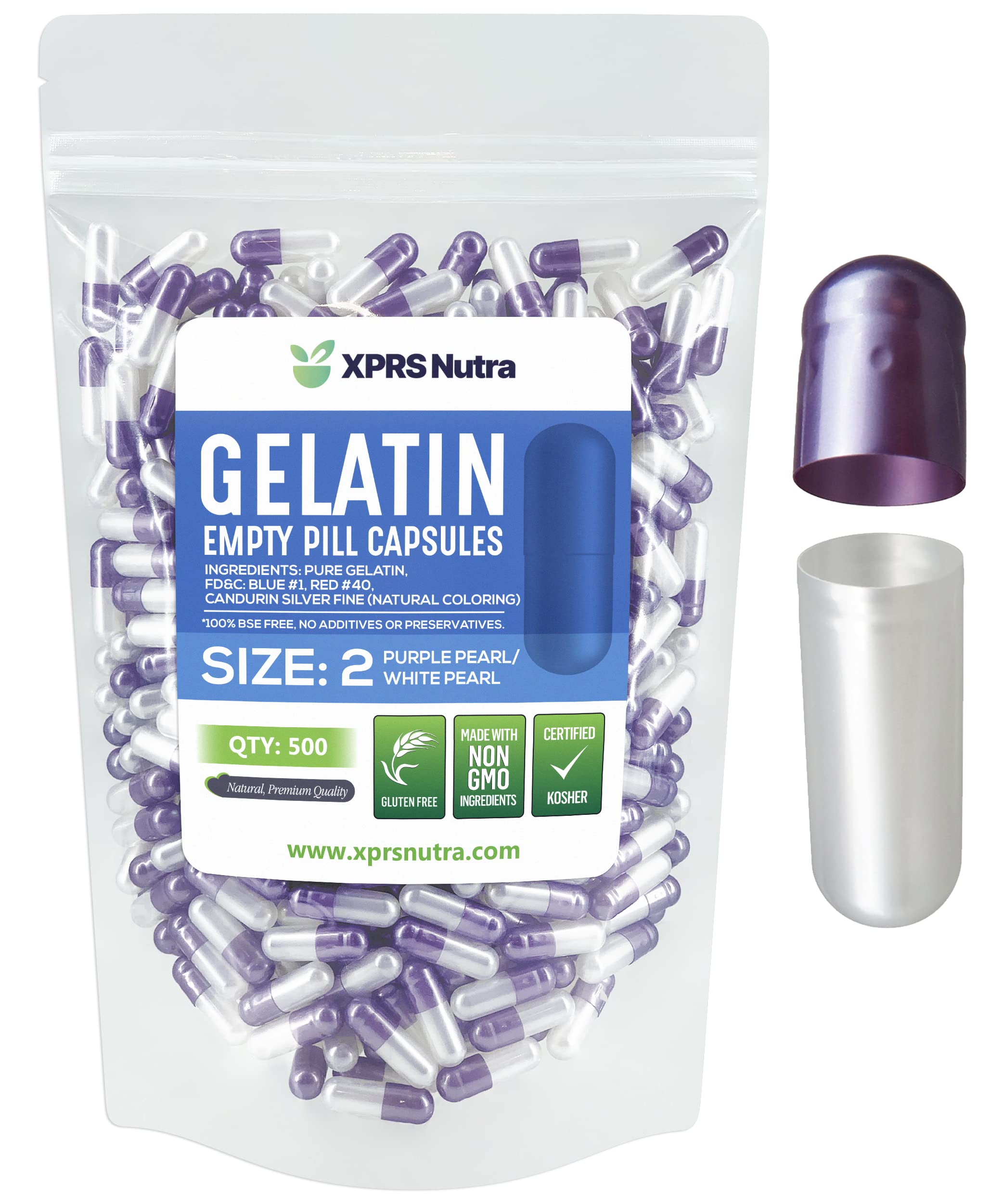 XPRS Nutra Size 2 Empty Capsules - 500 Count Empty Gelatin Capsules - Pills DIY Capsule Filling - Pure Bovine Pill Gel Caps for Do-It-Yourself Supplements (Pearl Purple/White) 500 Count (Pack of 1) Pearl Purple / White