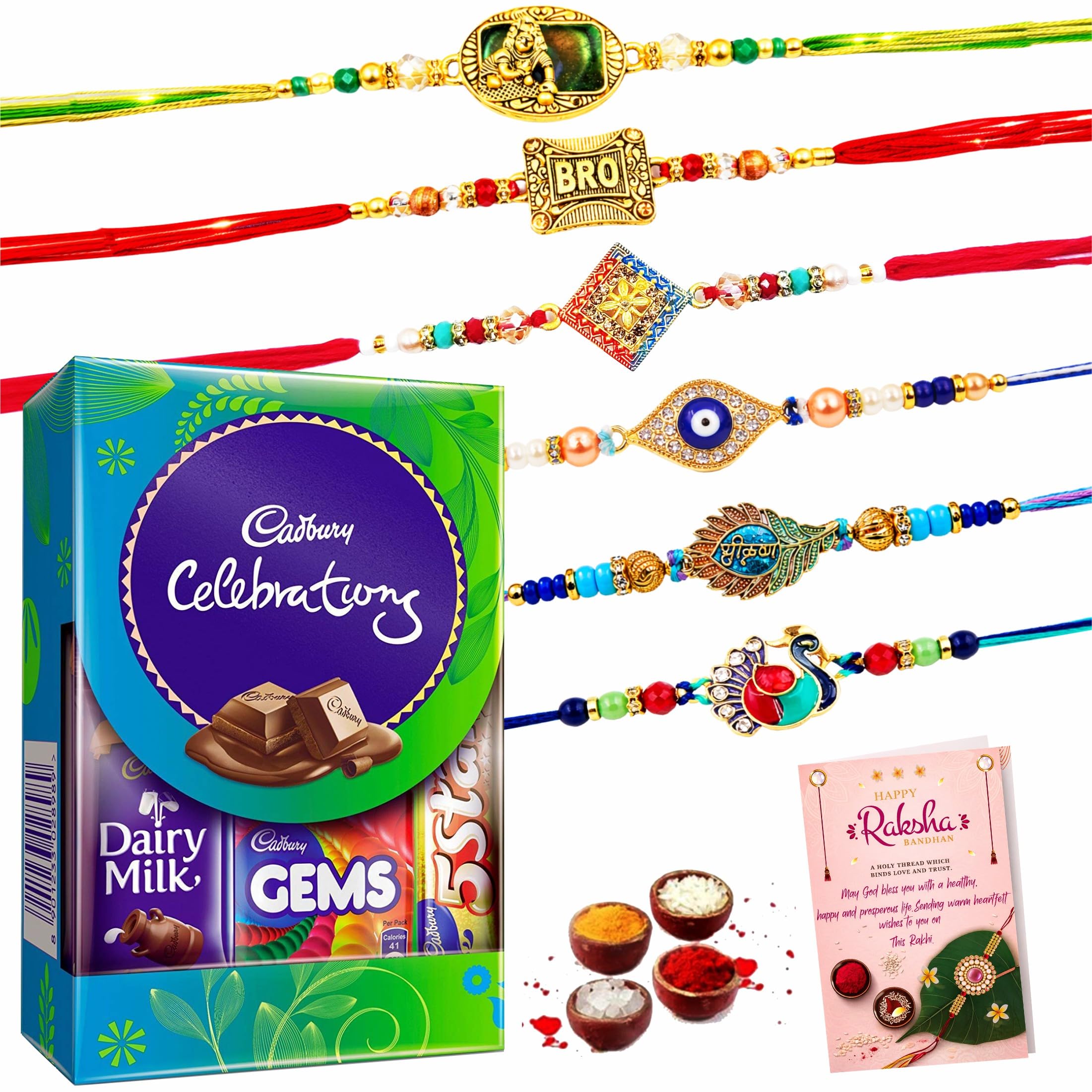 6 Rakhi Set for Brother with Chocolate-Premium Designer Combo Set of 6 with Celebration Chocolate Gift Box with Roli,Chawal,Chandan,Mishri for Bhaiya Bhabhi, Men,Boys and Kids-image-49