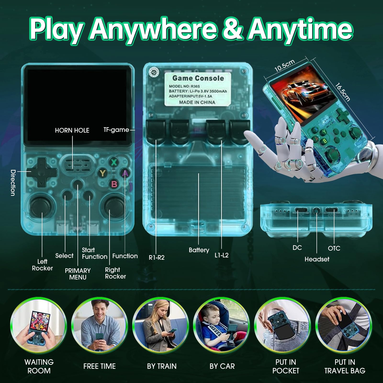 Febotak R36S - Console da gioco retrò portatile con schermo IPS da 3,5", 128 GB di memoria, oltre 40.000 giochi, basato su LINXU Open Source ARKOS, batteria da 3500 mAh (Macaron verde trasparente)