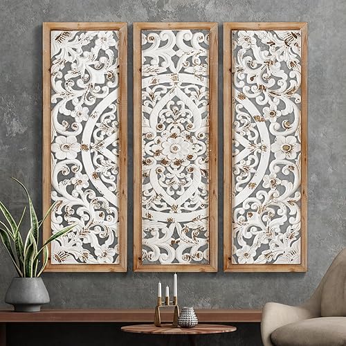 Decoración artística de pared de madera tallada, panel de diseño floral, decoración de madera antigua tallada envejecida, escultura decorativa de