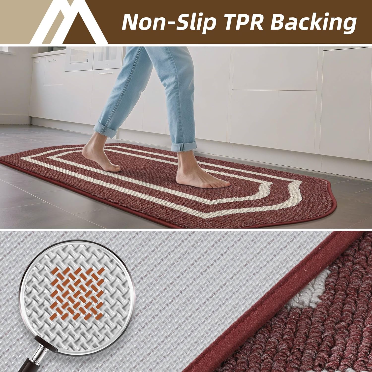 COSY HOMEER Long Kitchen Floor Mats for in Front of Sink Super Absorbent Kitchen Rugs and Mats 24"x48"+24"x59"Non-Skid Kitchen Mat Standing Mat Washable,Polypropylene,Red,Frame