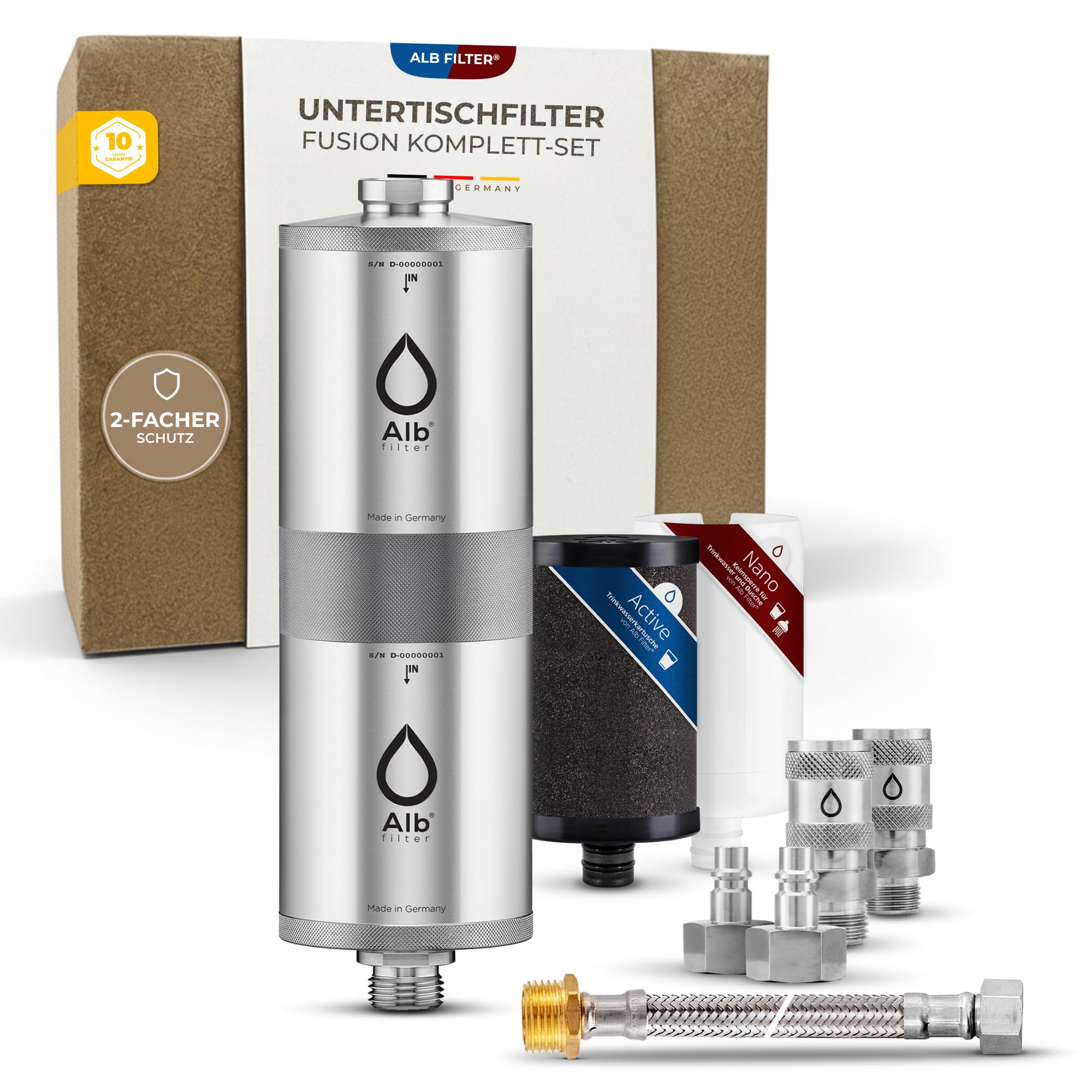 Alb Filter UNTERTISCH FUSION Wasserfilter Küche | Zweistufig gegen Schadstoffe & Keime bis 0,1 µm, Untertischfilter Küche, Anschluss-Set Schnellkupplung, Made in Germany