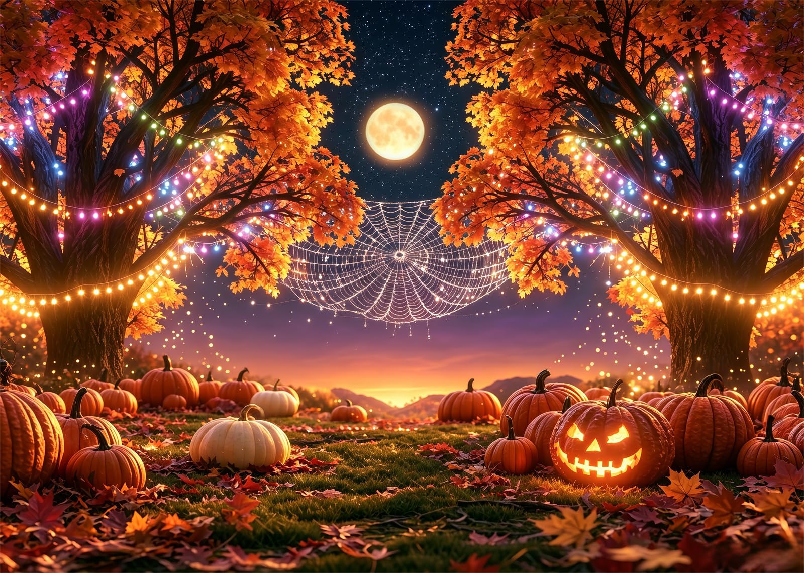 17x10FT (5.2x3m) Giardino Di Zucche Al Chiar Di Luna Sfondo Fotografico | Frutteto Halloween Colorato Fondale In Tessuto,Ragnatela Tra Alberi,Per Feste Halloween E Foto In Costume,Photo Booth