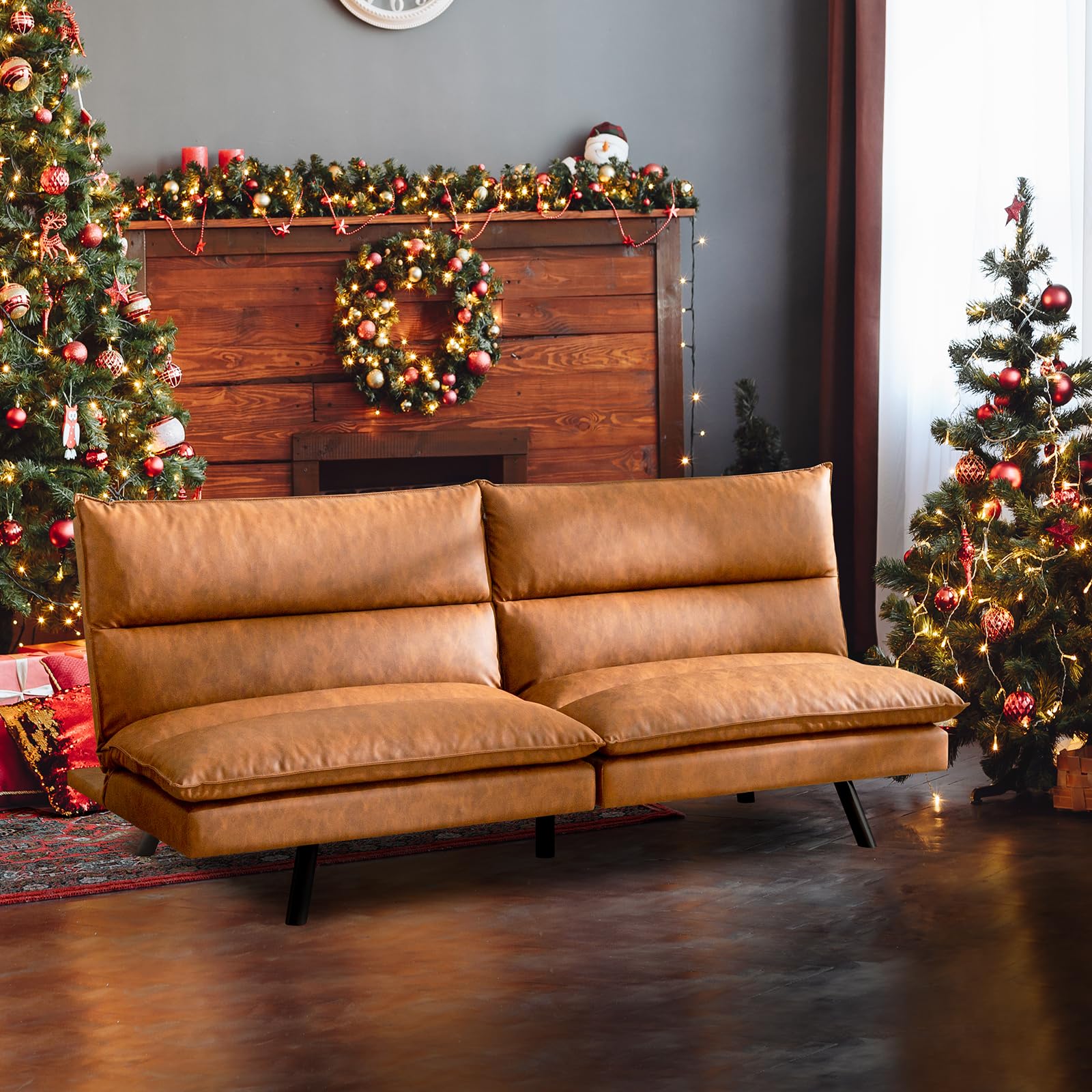 Faux Leather Futon Sofa Bed,Memory Foam Futon Couch,Convertible Armless Futons Set,Small Splitback Loveseat Sleeper Sofa Bed for Living Room,Office,Apartment,Brown