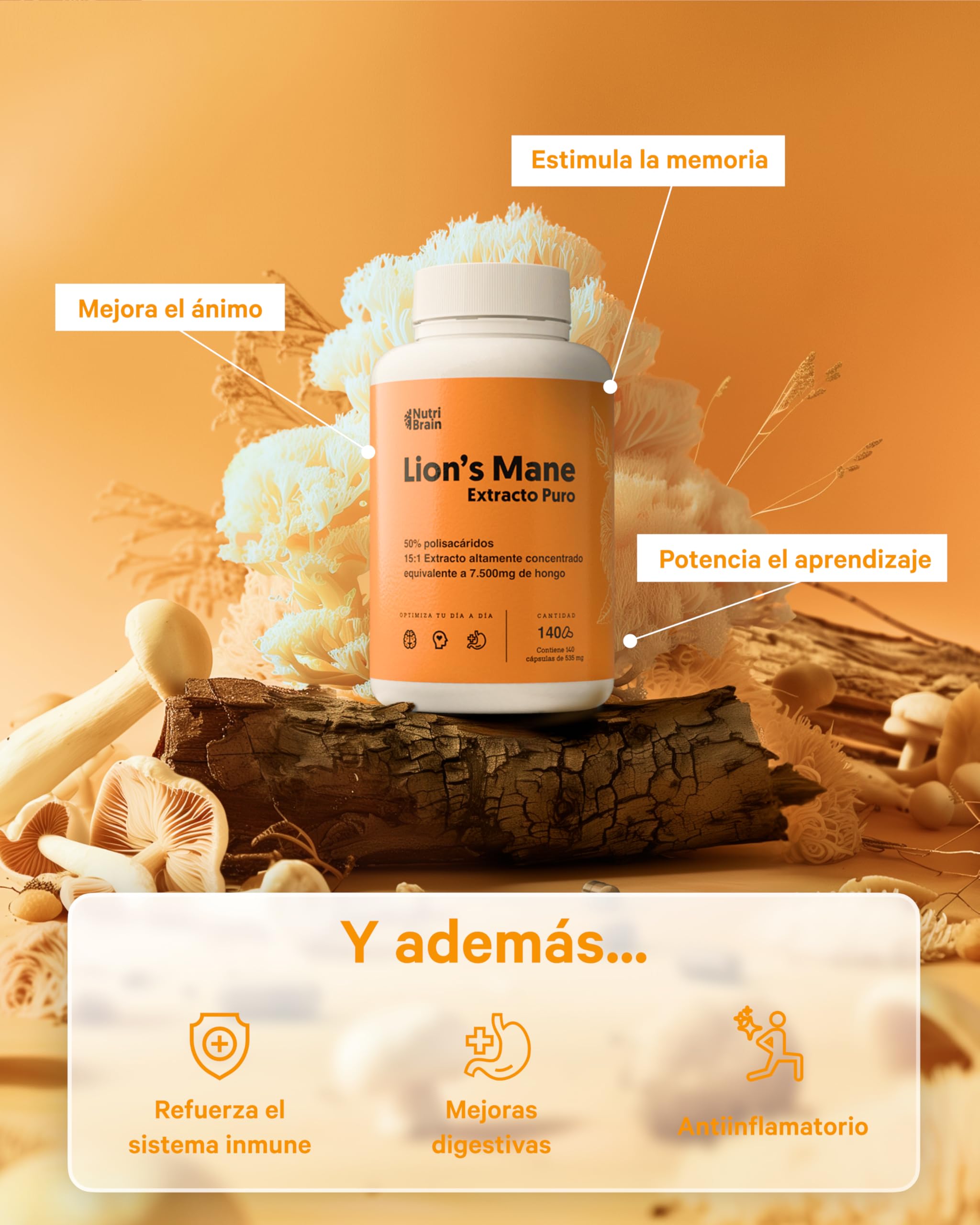 140ud Melena de León Pura 7500mg Ultraconcentrada 50% | NOOTRÓPICO Largo Plazo: Memoria, Concentración y Salud Cerebral | Bienestar Emocional y Gastrointestinal | 100% Cuerpos Fructíferos 15:1