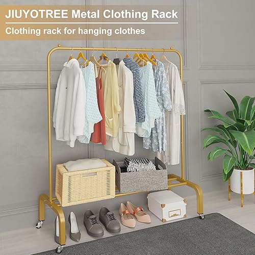 Miniatura 58 de JIUYOTREE Perchero de metal para ropa de 43.3 pulgadas con estante inferior, perchero para colgar ropa, abrigos, faldas, camisas, suéteres, gris