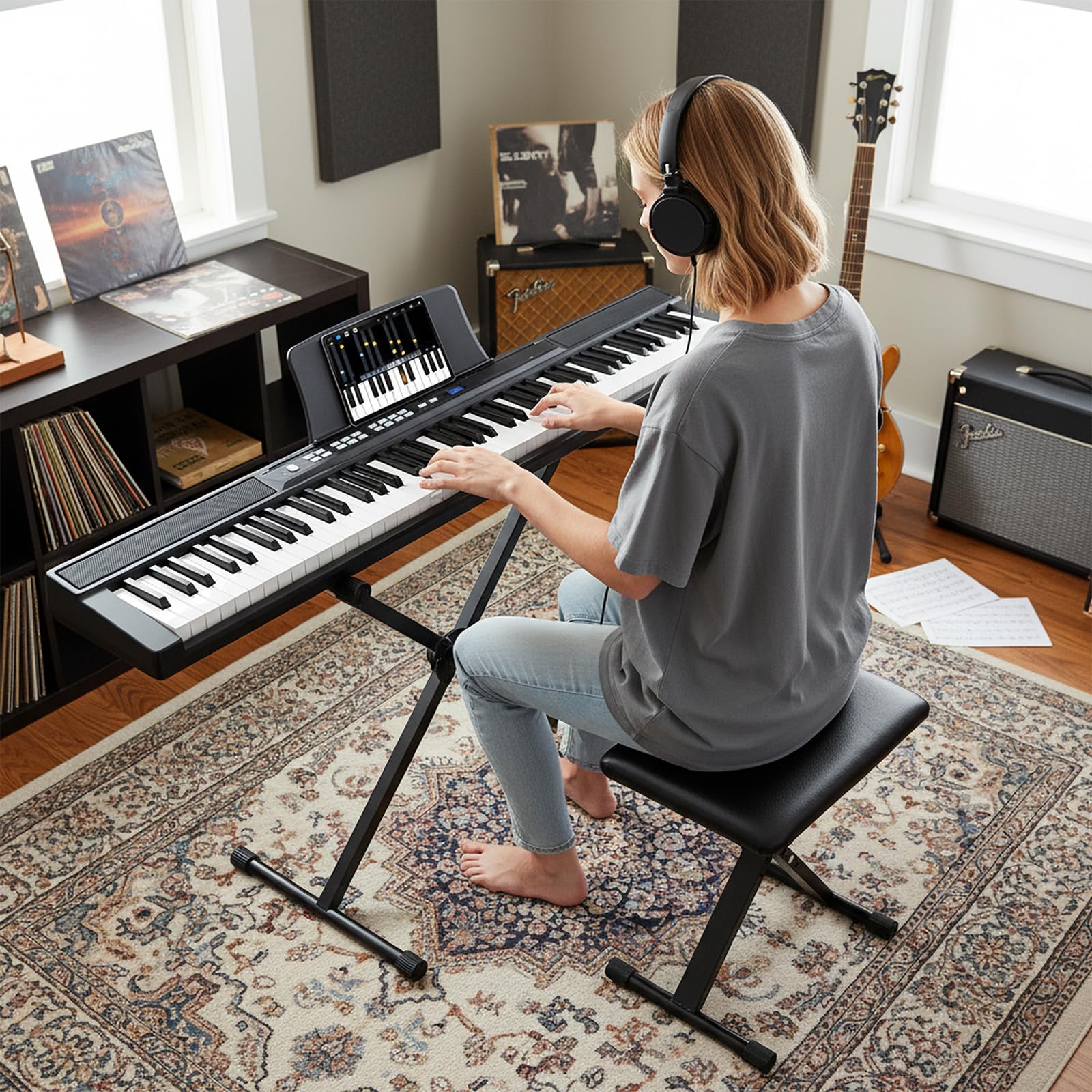 COSTWAY Tastiera Pianoforte Elettrico a 88 Tasti, Piano Digitale con Supporto e Sgabello Regolabili, Tastiera Sensibile, Tasti e Pulsanti Illuminati, Funzione MIDI, Pedale di Sustain, Cuffie (Nero)
