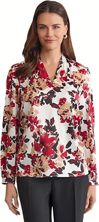 Kasper Womens Long Sleeve V-Neck Printed Satin Top