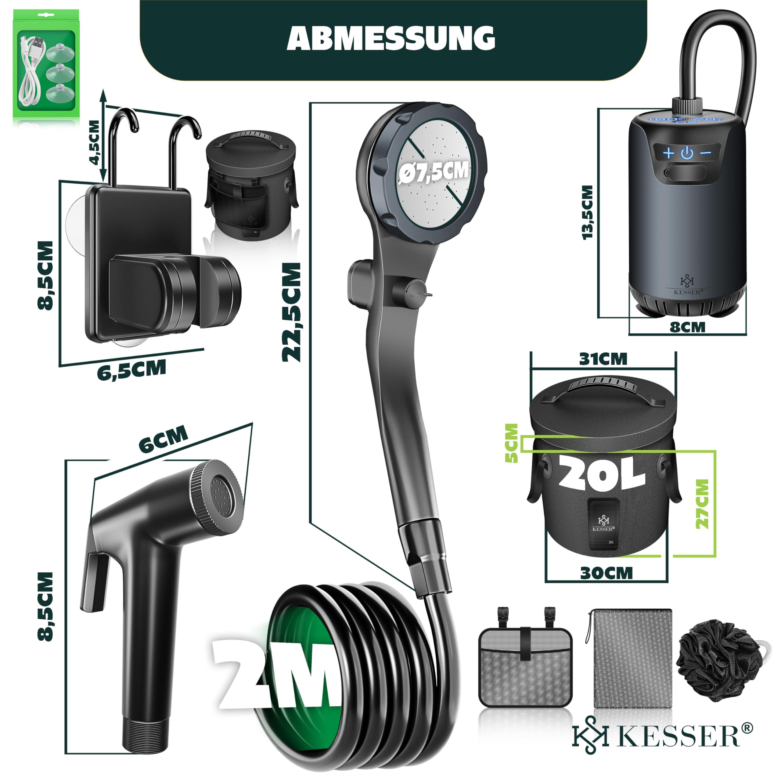 KESSER® Doccia solare da campeggio con pompa e batteria ricaricabile da 4000 mAh, set doccia da campeggio con soffione doccia regolabile, tubo da 2 m, pistola a spruzzo e supporto