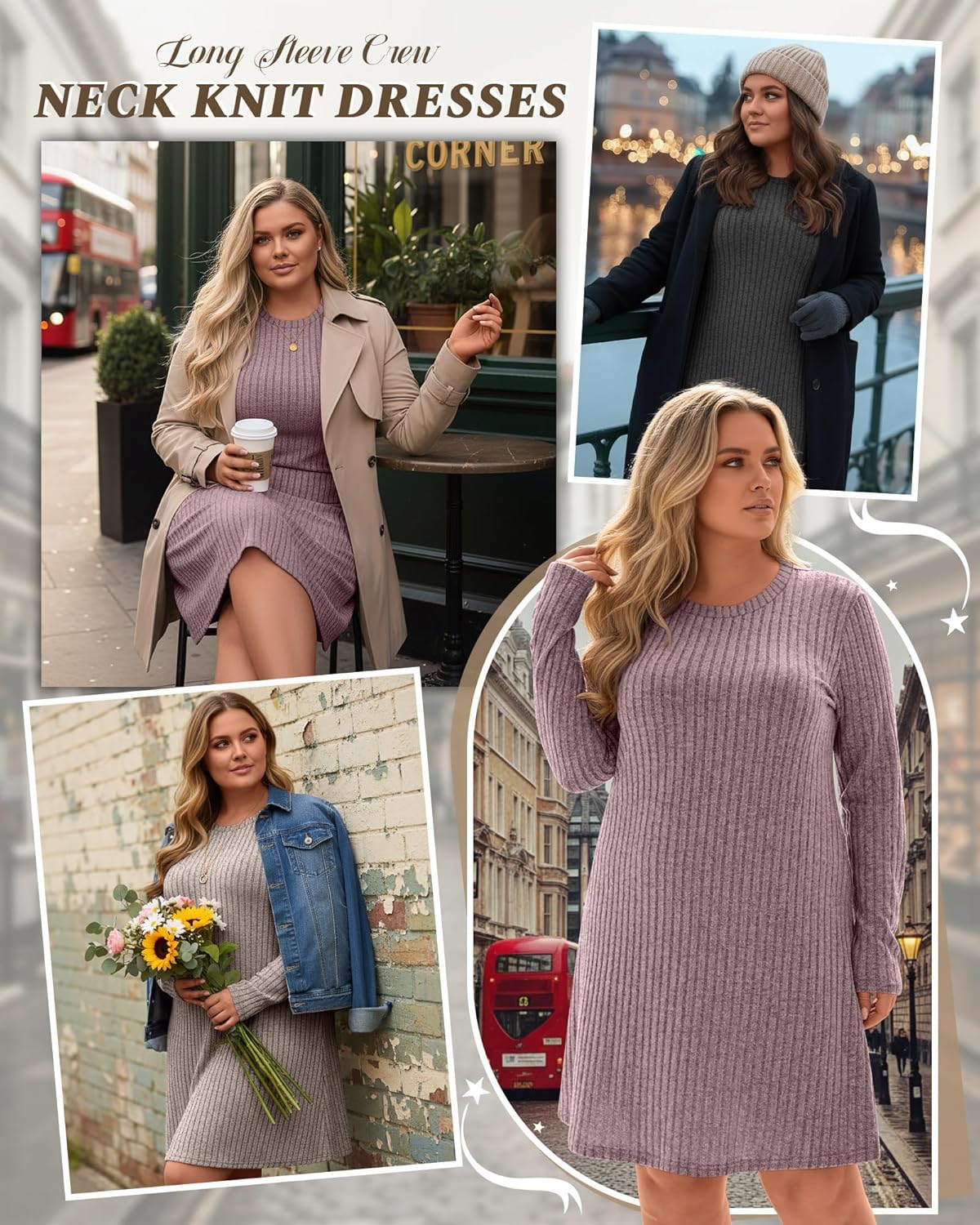 evervibe 3 pack women's plus size sweater tunic dresses, long sleeve crew neck knit dresses loose fit for casual fall winter carbon black, light coffee, pink xx-large