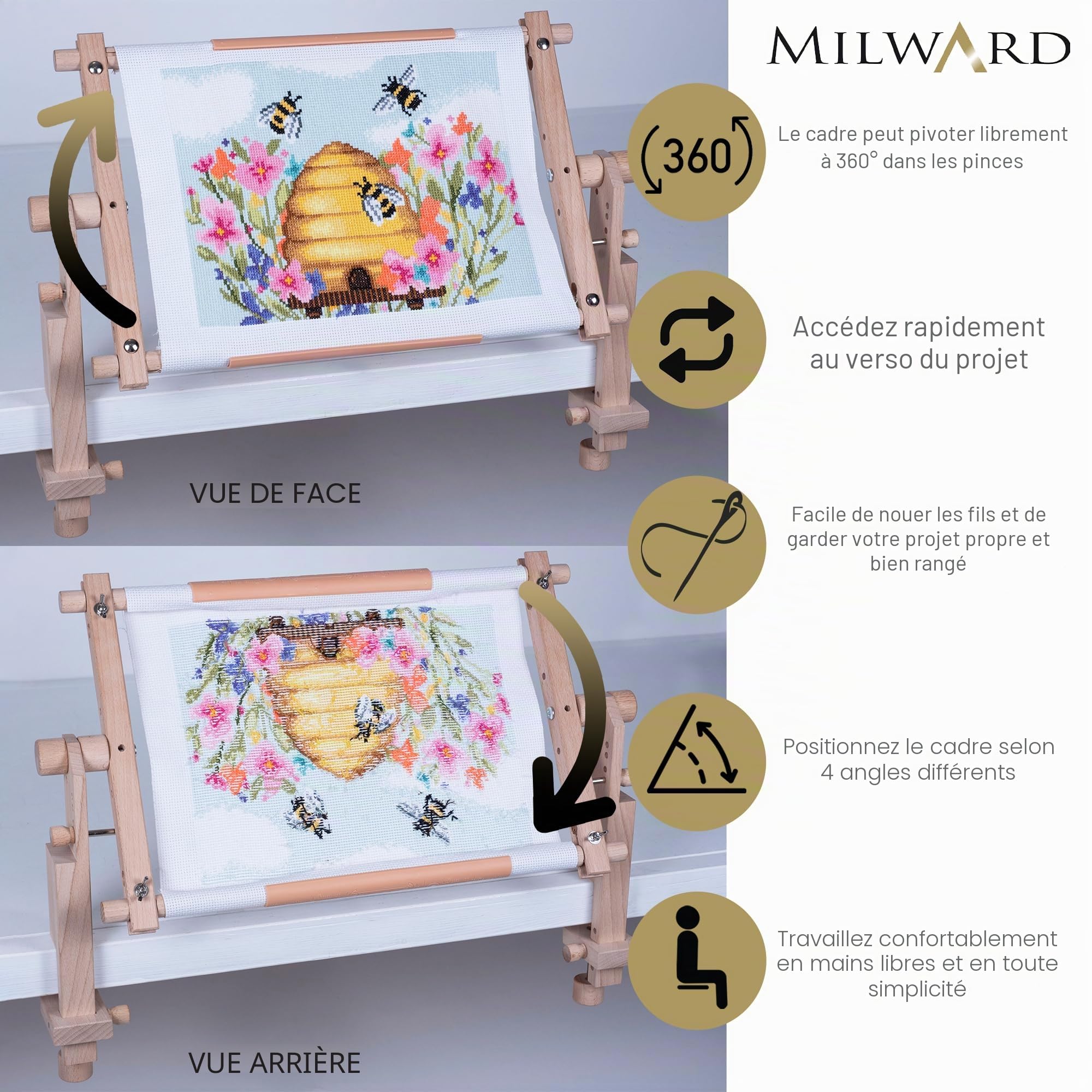 Milward Pince de table réglable S – Pince rotative à 360° pour cadres à tapisserie sur table ou bureau. Support pour broderie, point de croix, travaux d'aiguille et quilting.