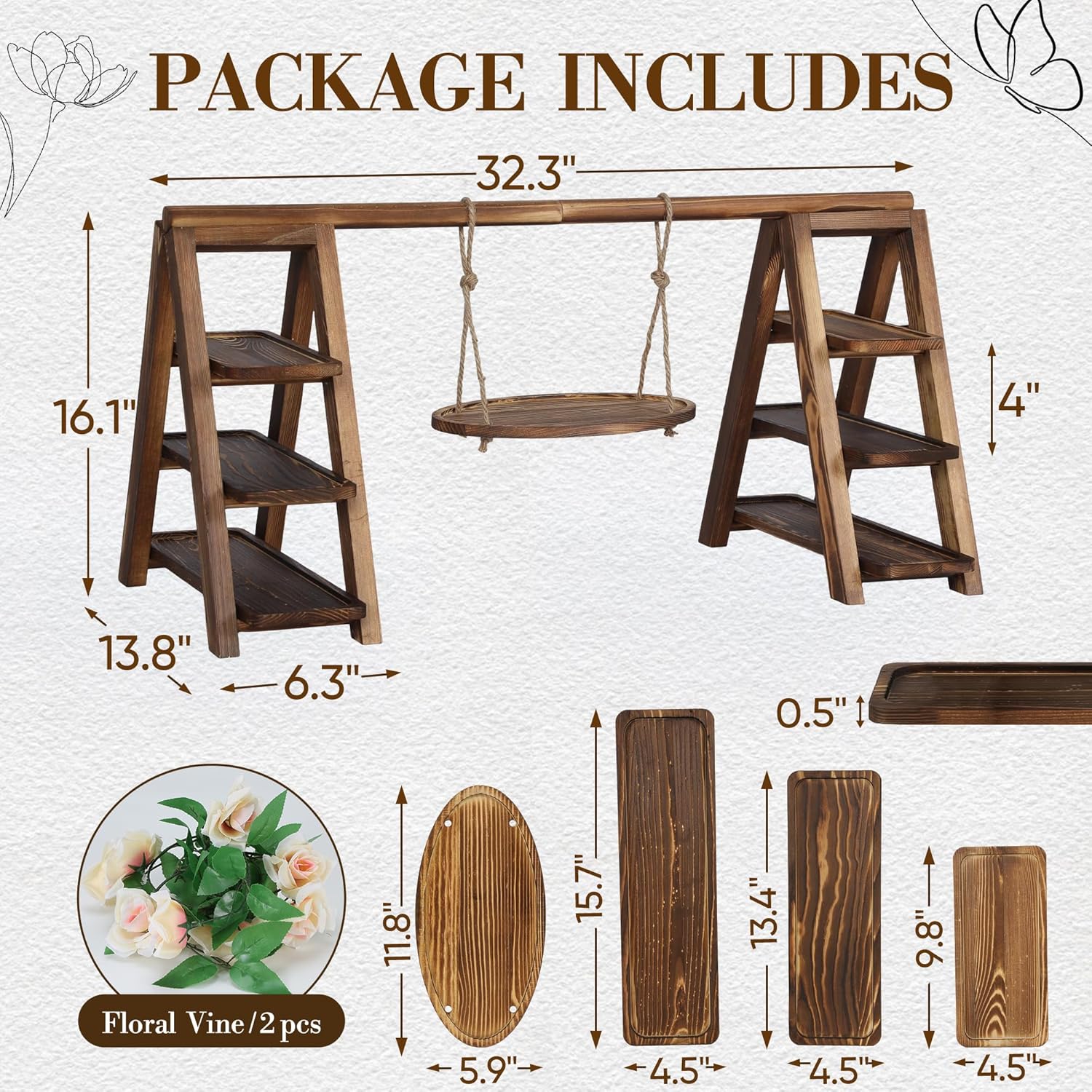 Wooden Cupcake Stand, 3 Tier Dessert Table Display Set with Serving Tray and Flower Decoration, Party Food Display Set with Removable Tray, Dessert Stand for Birthday, Wedding, Events, Baby Shower
