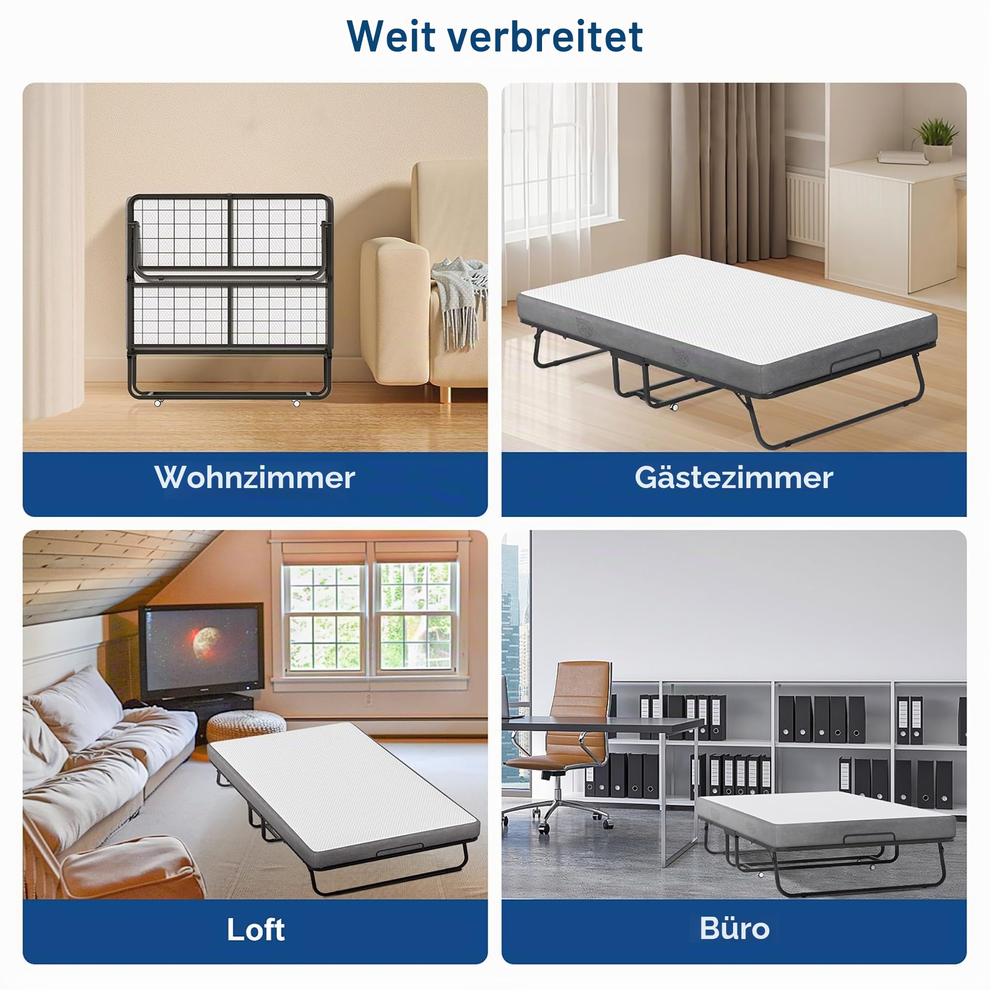 FIVMEN Klappbett 90x200 cm Bett Feldbett Gästebett Klappbar mit 13cm Dicker Schwamm Matratze Tragbar Bettgestell Reisebett mit 4 Laufrollen, bis 200 kg Belastbar