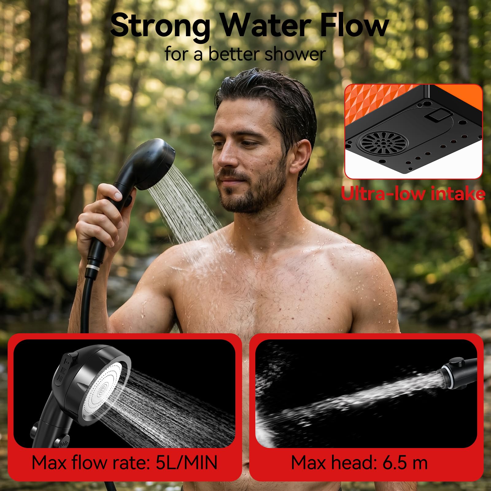 Douche portable pour campeurs, pompe de douche d'extérieur rechargeable pour randonnée et voyage, douche de randonnée à main avec débit d'eau réglable, douche compacte légère pour la plage, le