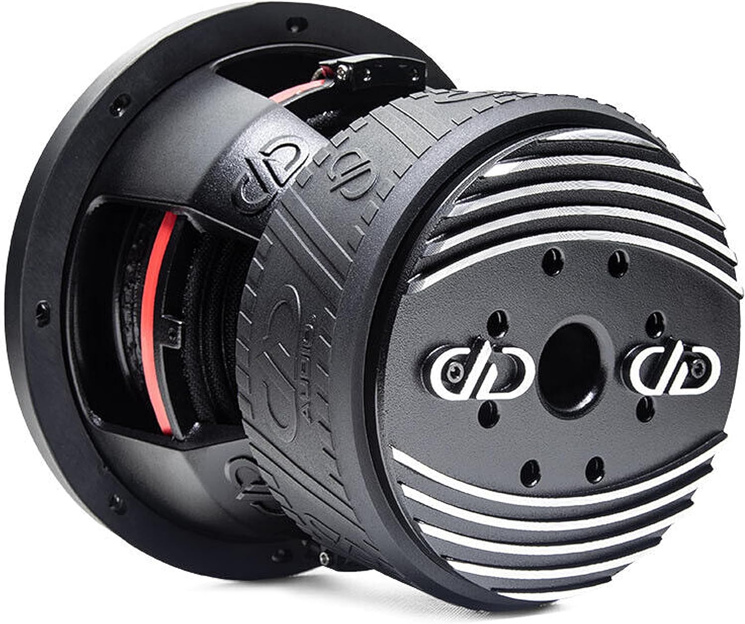 posterior view of the DD Audio 608F-D2 subwoofer showing the magnet and cooling fins