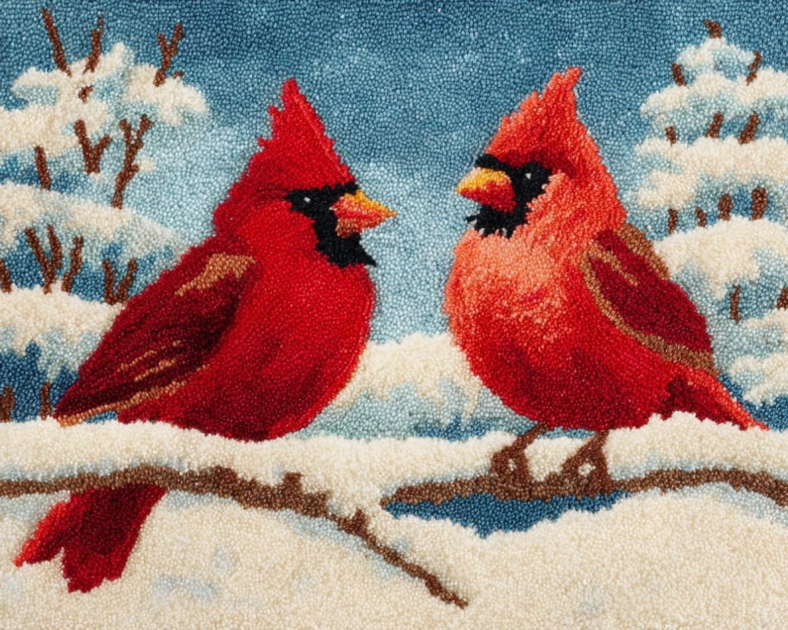Wallphantom Latch Hook Rug Kits for Adults Beginners,Red Finches in the Snow,Latch Hook Kits for Bedroom,Living Cushion Adult Craft Gifts,52x38cm