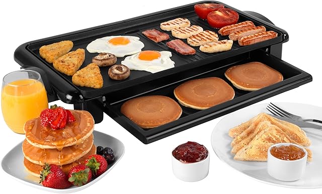 Salter EK4412 Family Health Grill, Electric Griddle & Flat Top Cooking Plate, Warming Tray Food Server, Non-Stick, Detachable Temperature Control, Drip Tray, Indoor Table Top Cooking, 2000 W, Black
