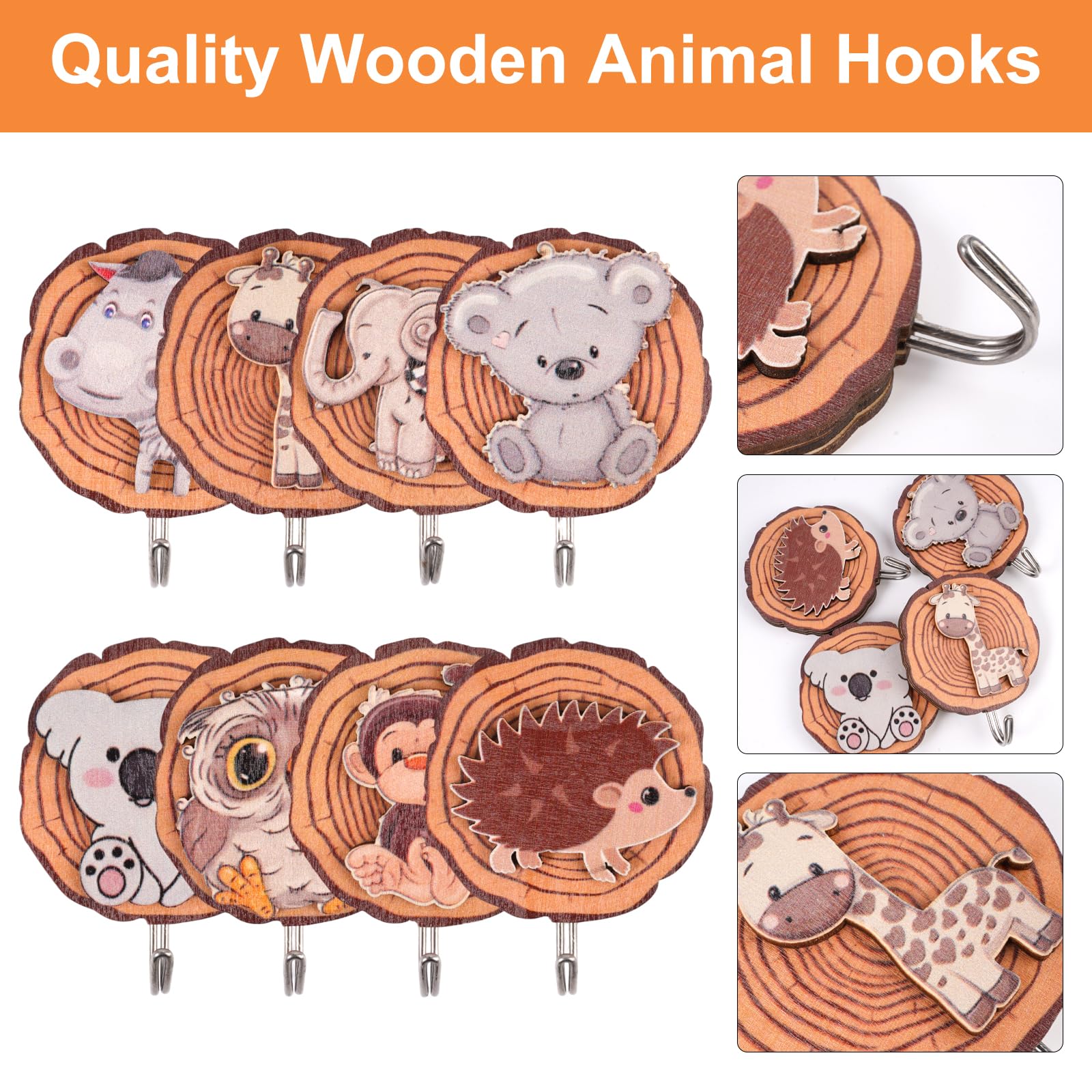 8 Pièces Porte Manteau Mural Enfant,Patere Bois Forme Animale,Crochet Mural en Bois pour Animaux,Crochet Chambre Enfant Adhésif,Porte-Manteaux Animaux pour Les Salles de Bains,Les Chambres D'enfants