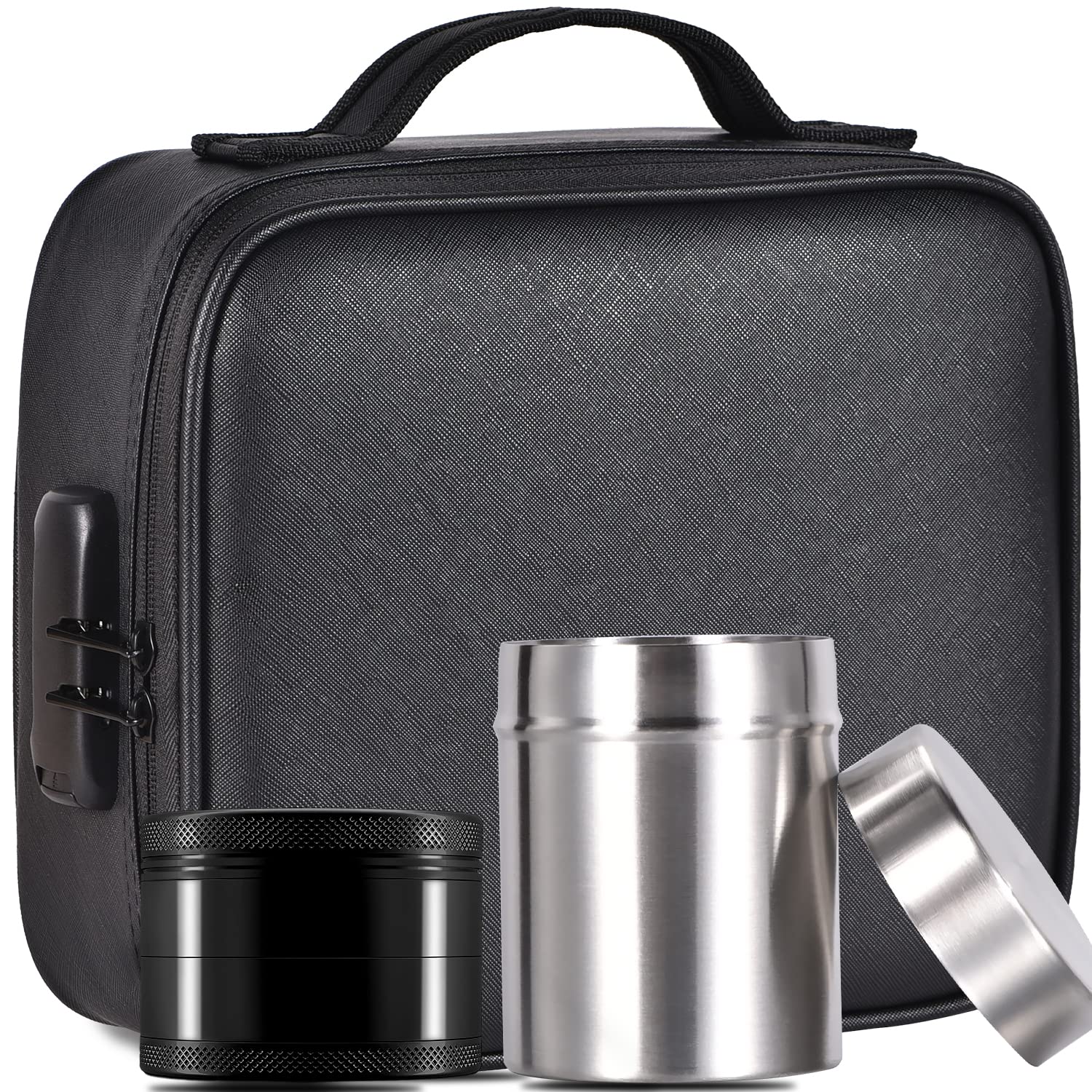 BloomFlower Stash Bag Kit with 2 accessories,Lock,Smell Proof Large Bag, Black Leather,Rust proof, Water Proof